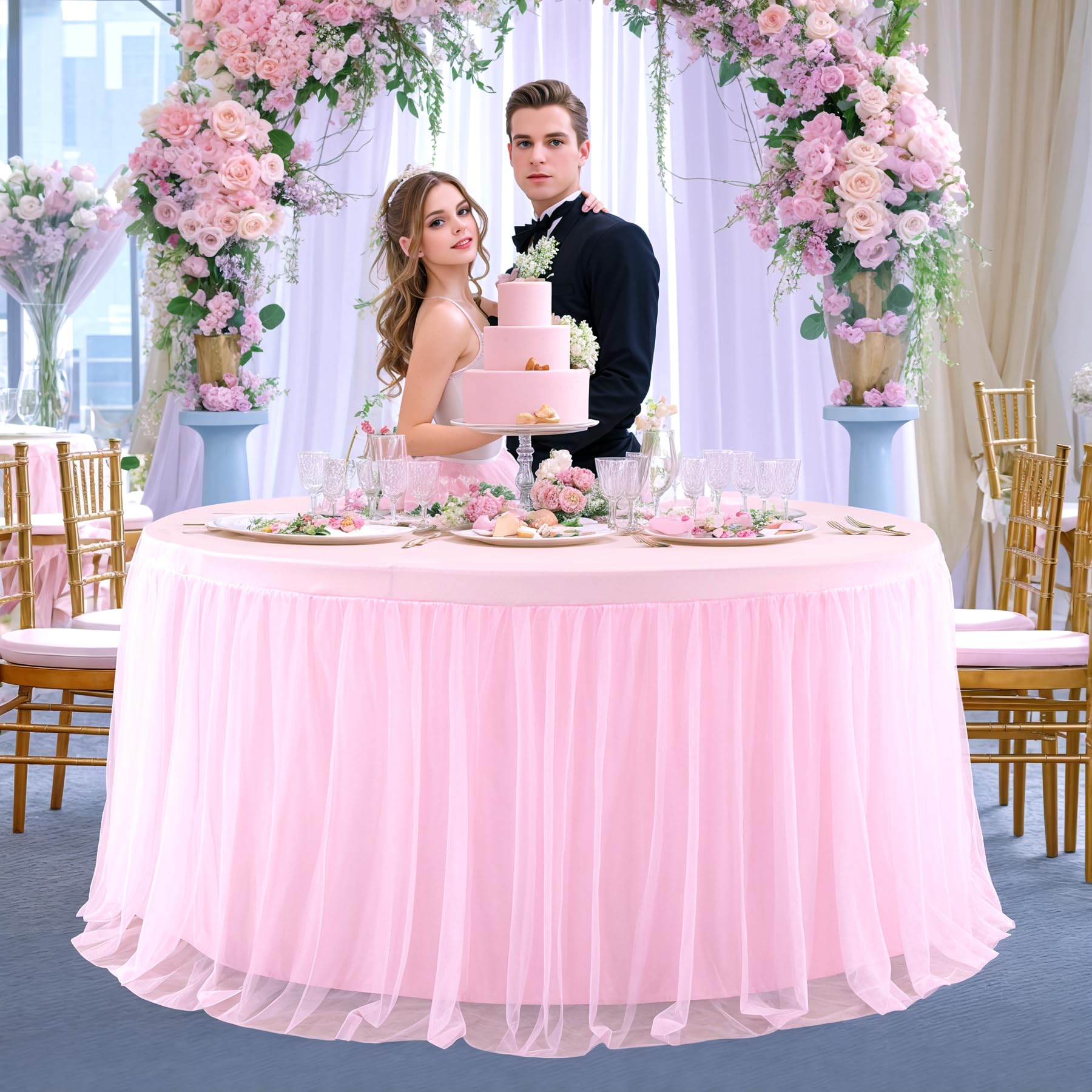 Pink Tulle Round Valentine Table Cloth for 48 Inch Round Tables, Pink Banquet Tablecloth Table Cover, Floor Length Tablecloths, Circle Tutu Tulle