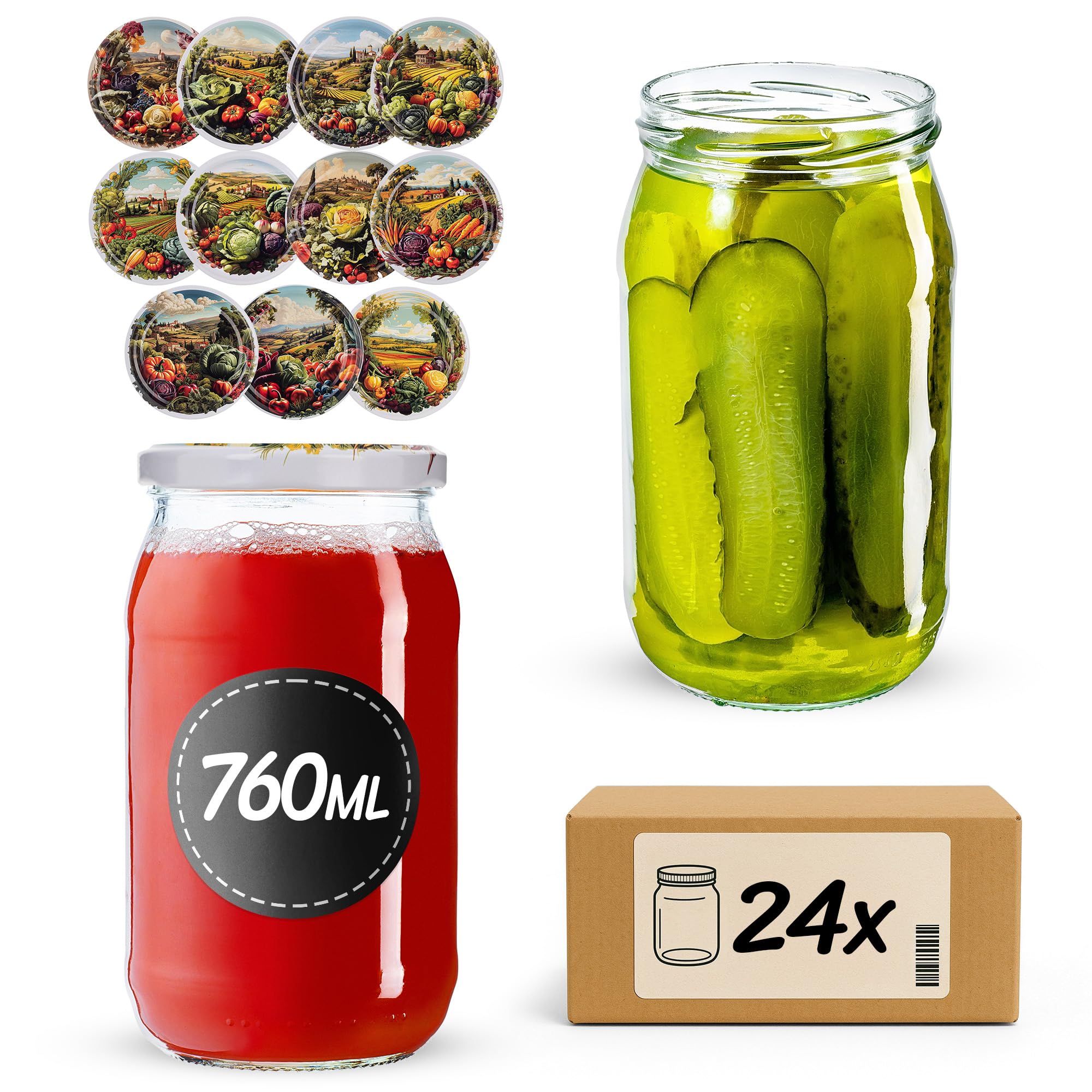 KADAX Lot de 24 grands bocaux en verre 760ml Ø82 Rustique – Couvercle Twist-Off hermétique TO82 – Pour conserves, cornichons, légumes fermentés & confitures maison