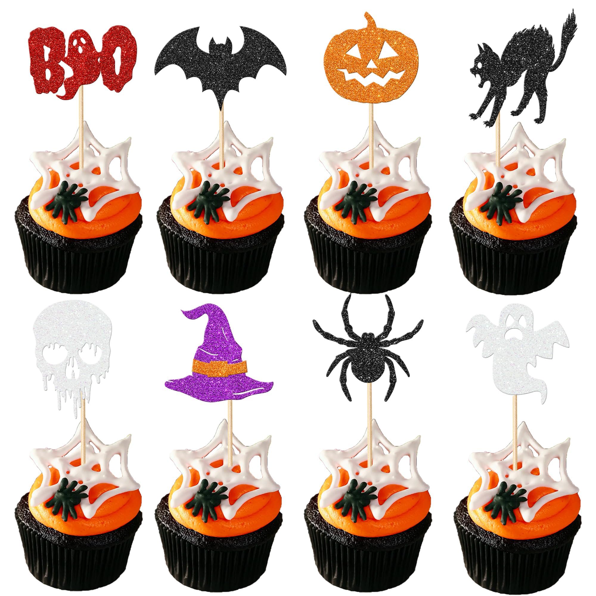 Set of 32 Halloween Cupcake Toppers Glitter Bat Spider Pumpkin Ghost Cake Decor for Baby Shower Children's Birthday Party Halloween Theme Party Cupcake Decoration Accessories