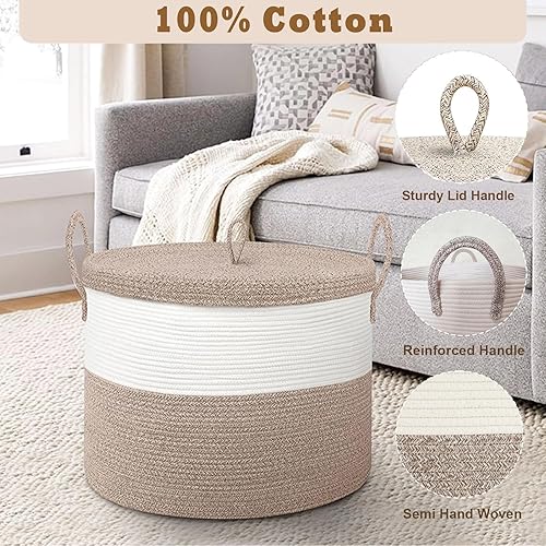 Miniatura 12 de Cestas de almacenamiento extra grandes de 21 x 18 pulgadas, cestas de cuerda ecológicas con tapa, cesta de manta para sala de estar con tapa, cestas