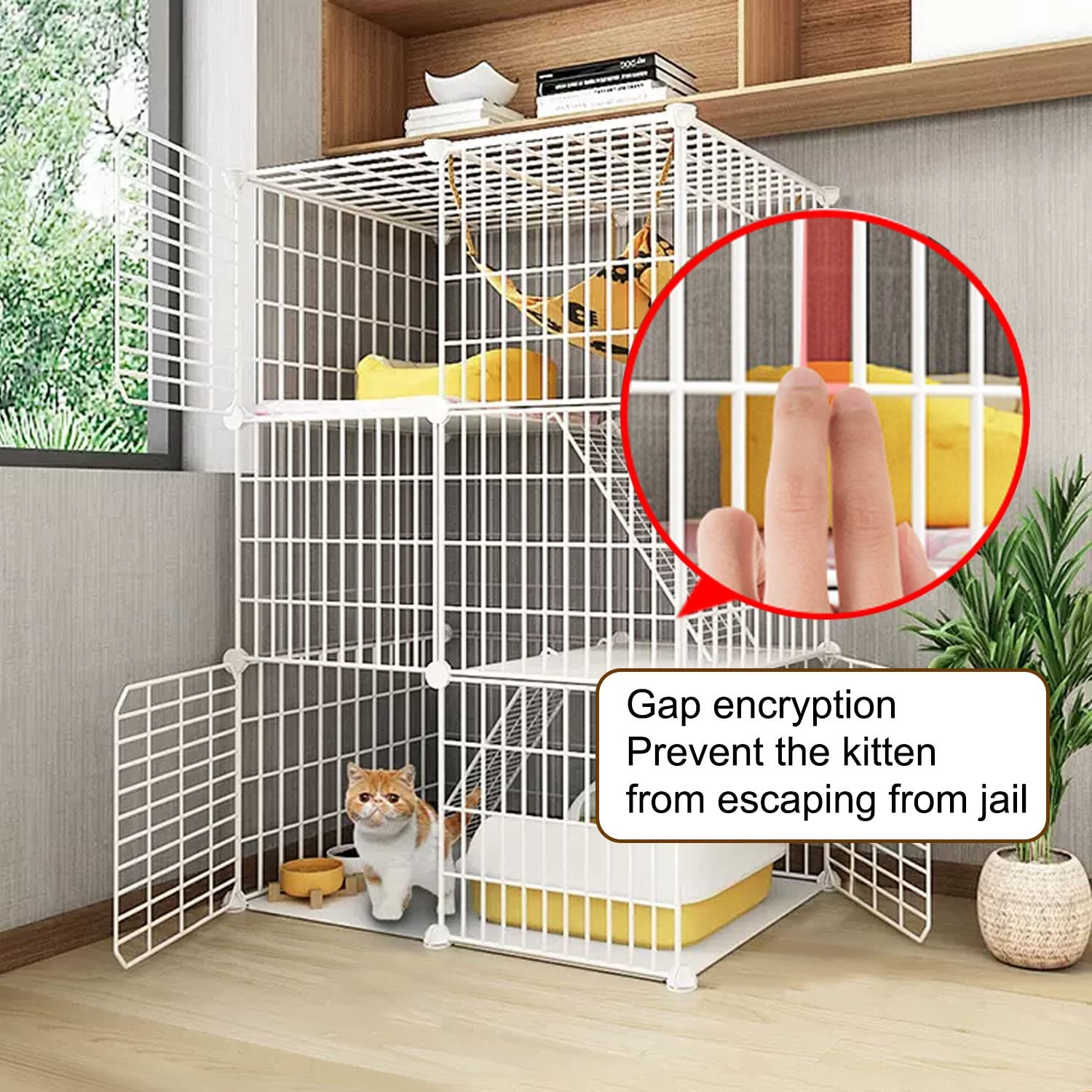 DIY-Katzenlaufstall für den Innenbereich, 3-stöckiger großer Katzenkäfig, Katzengehege, Lückenverschlüsselung, Katzennapf + Katzentoilette + Katzenstreuschaufel + Kletterleiter + Katzenstreu