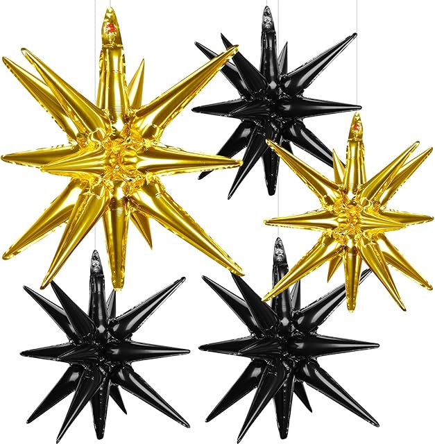 HONMOK 5 Pieces 22inch Star Foil Balloons Black Gold Birthday Party Decorations Large Explosion 14 Point Star Balloons Starburst Cone Mylar Balloons for Retirement Graduation Party Decorations