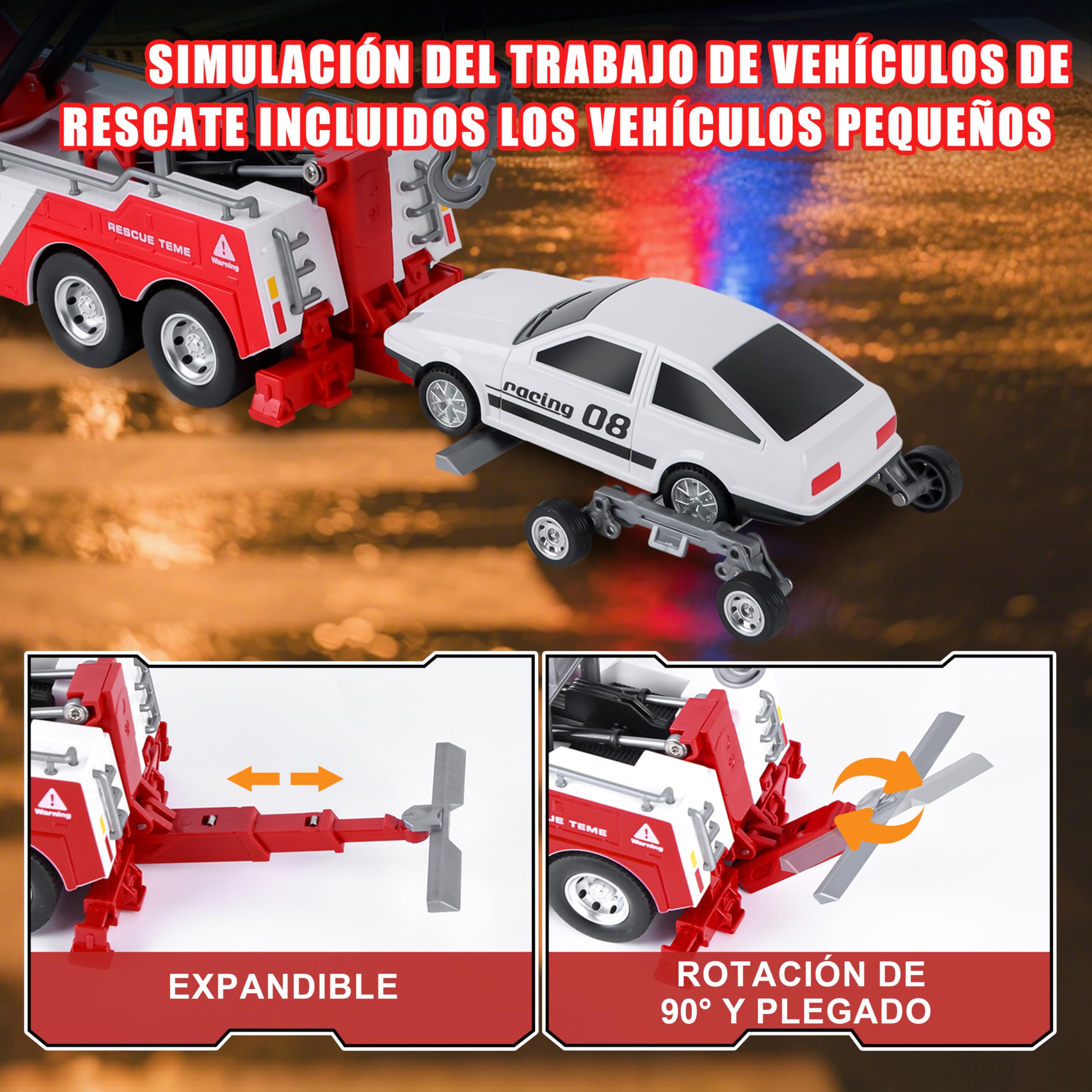 JONRRYIN Camión de Remolque, Grúa de Metal con Sonidos y Luces, Juguete Transport de Rescate para Niños a Partir de 3 años