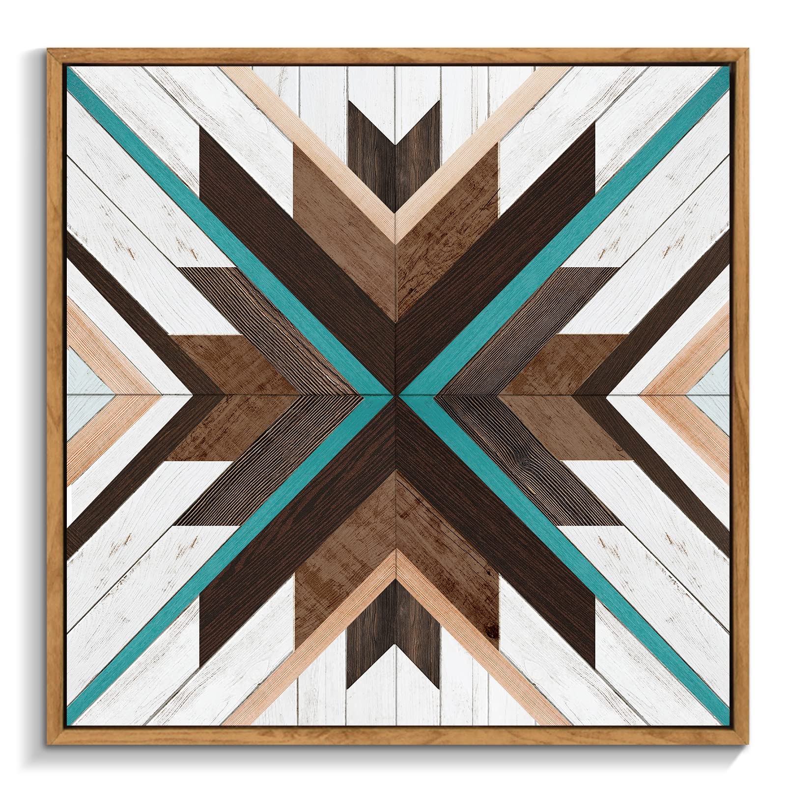 Framed Plank Canvas Wall Art Colorful Geometric Wooden Grain Style Picture Paintings, Rustic Wall Art Decor Boho Artwork for Farmhouse Living Room Home & Office Walls 20" x 20"