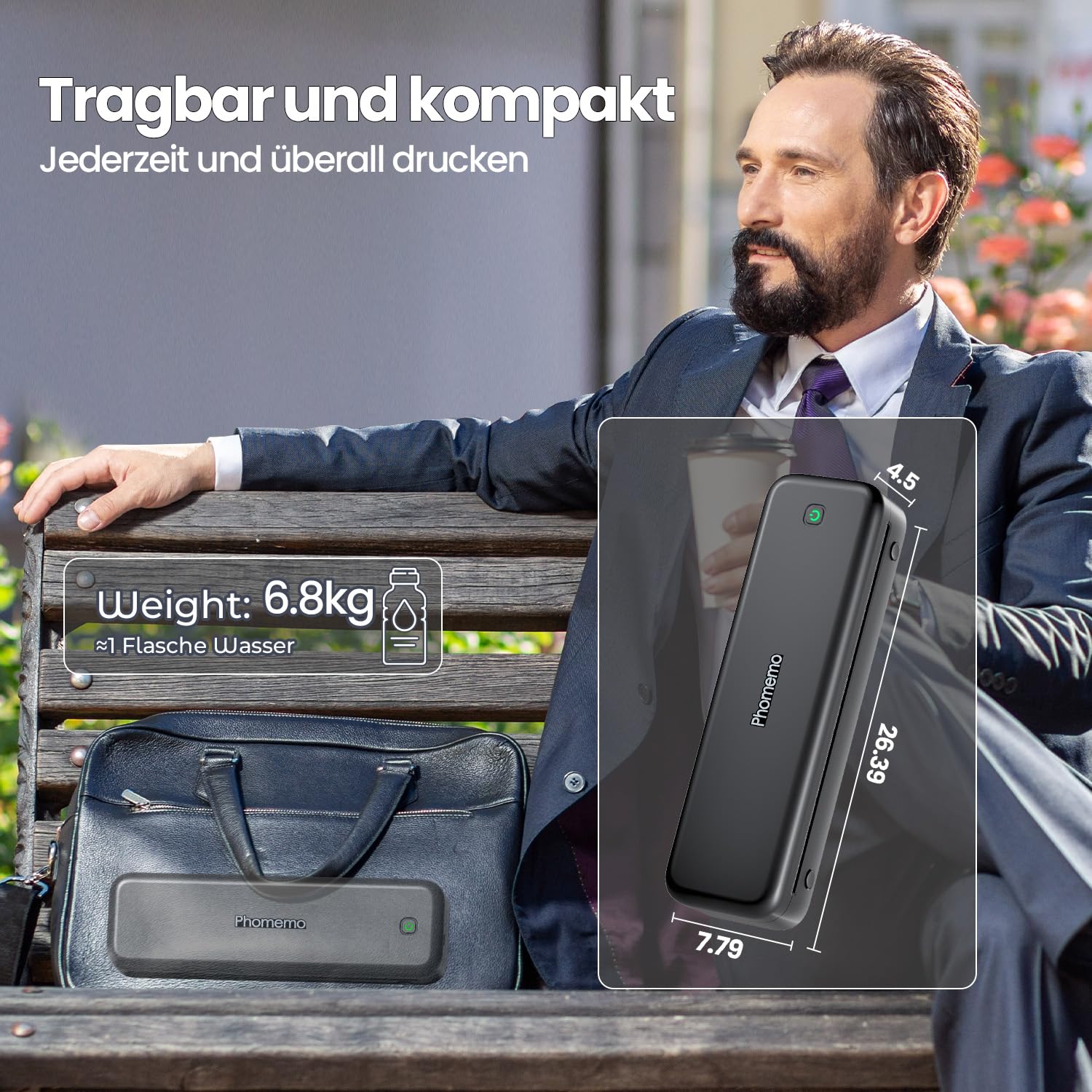 Phomemo M834 Thermodrucker A4, Mobiler Drucker A4 für Unterwegs, Büro, Schule, Zuhause, Kompatibel mit Smartphones und Computern, Tragbarer Drucker mit Tragetasche und 4 Rollen Thermopapier, Schwarz
