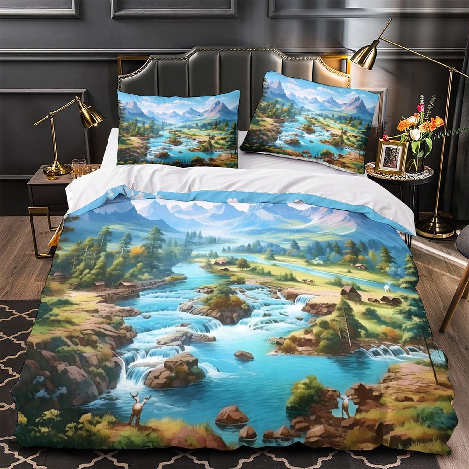 Housse de couette montagne 3D 140x200 parure lit enfant single
