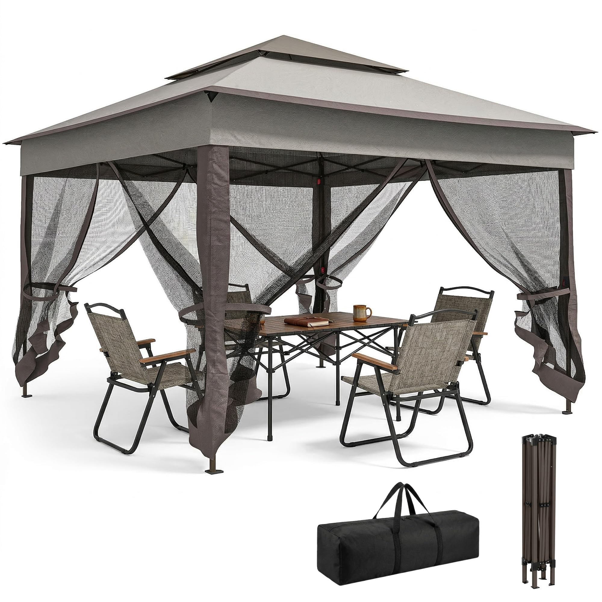 Outsunny Carpa Plegable Gazebo 3,​3x3,​3 m Cenador Plegable con 4 Paredes Laterales de Malla Anti-​UV y Bolsa de Transporte para Camping Fiestas Gris