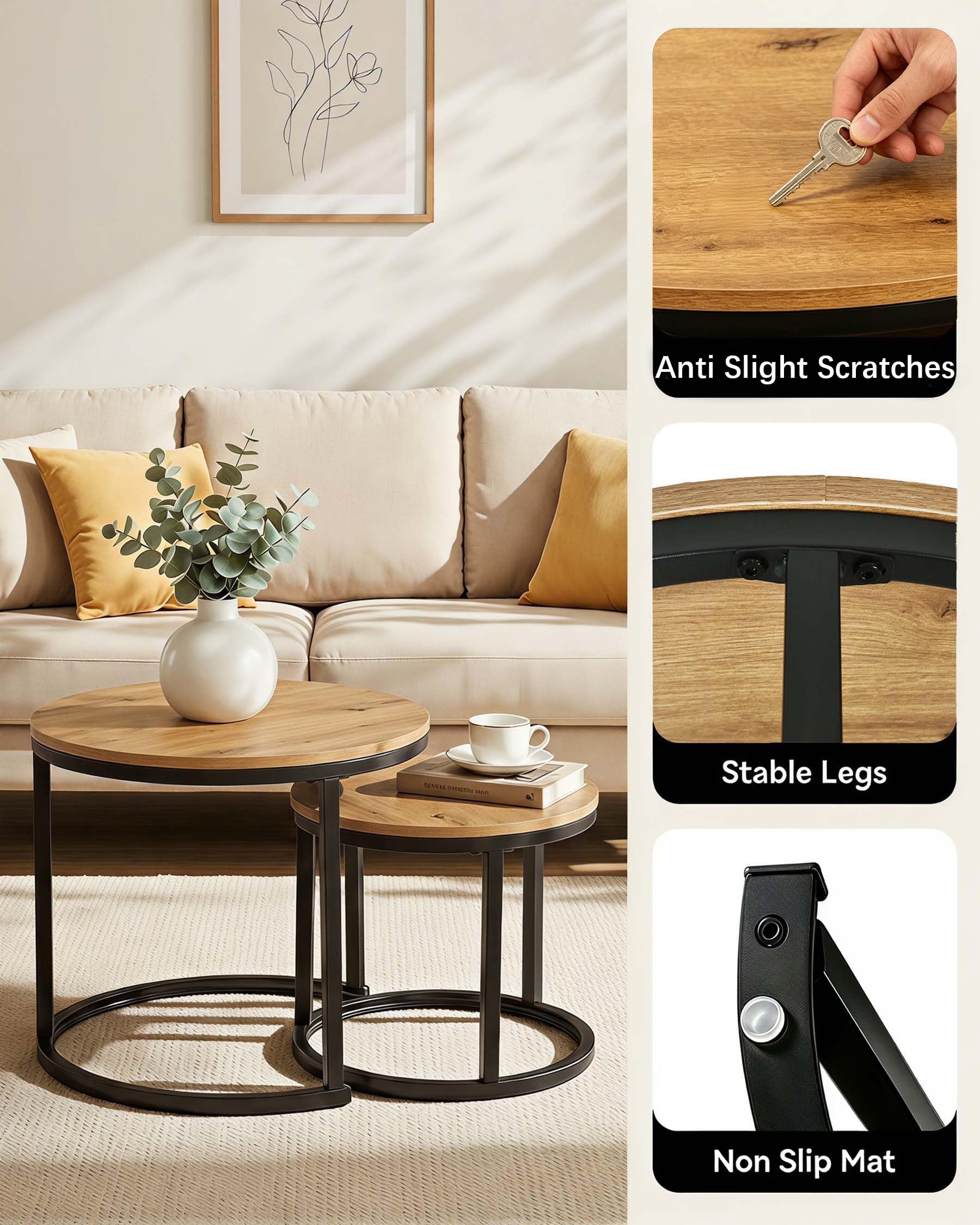 Set 2 Mesas Auxiliares Redondas Mesa de Centro Madera 50/40cm | Mesa de Centro Nido Redonda Efecto Madera, Mesa Auxiliar para Salón y Dormitorio, Robusta y Fácil de Montar
