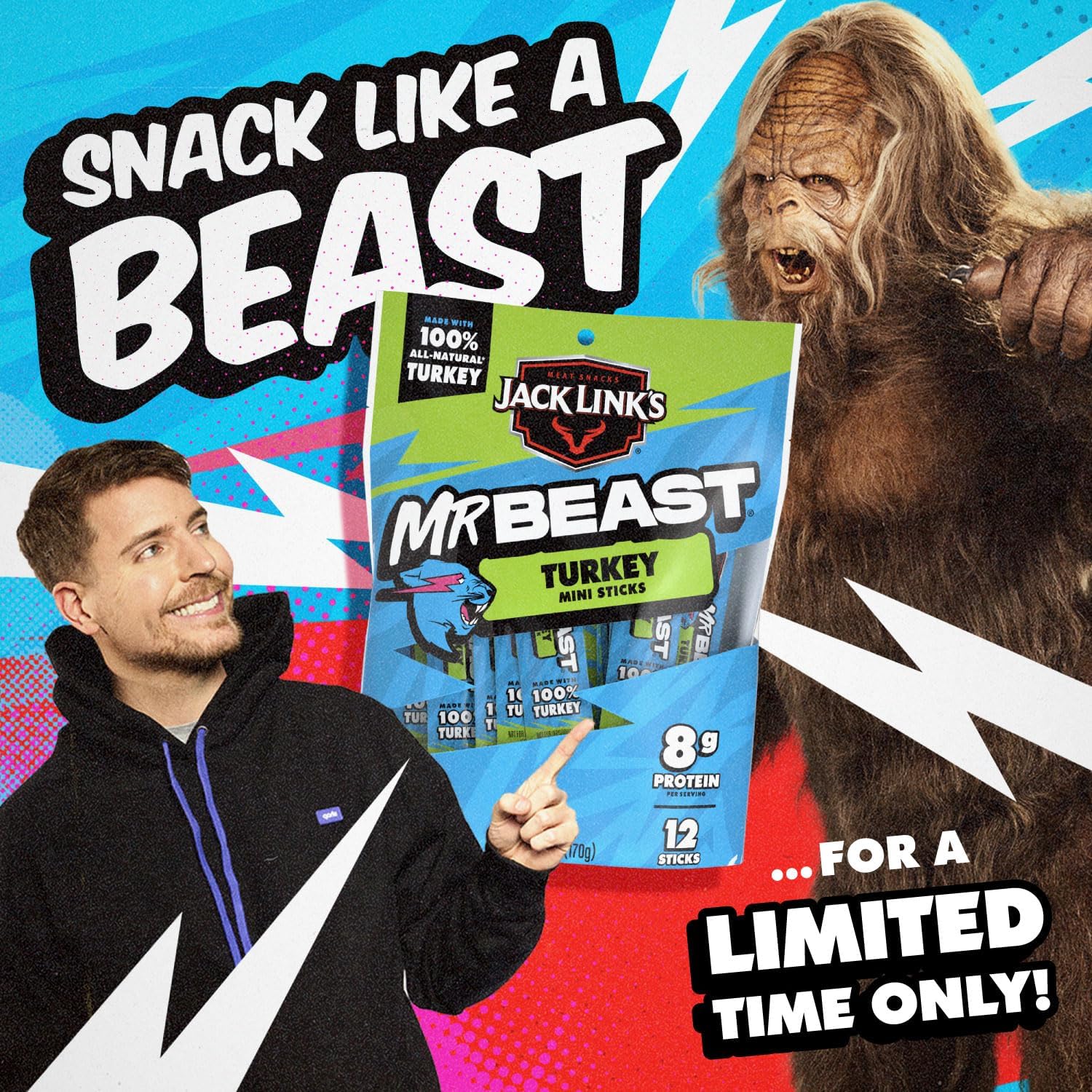 Jack Link's x MrBeast Turkey Mini Sticks, come visto sui giochi Beast, 8 g di proteine, realizzati con tacchino naturale al 100%, zero zucchero, snack pronti per la dispensa, 12 pezzi