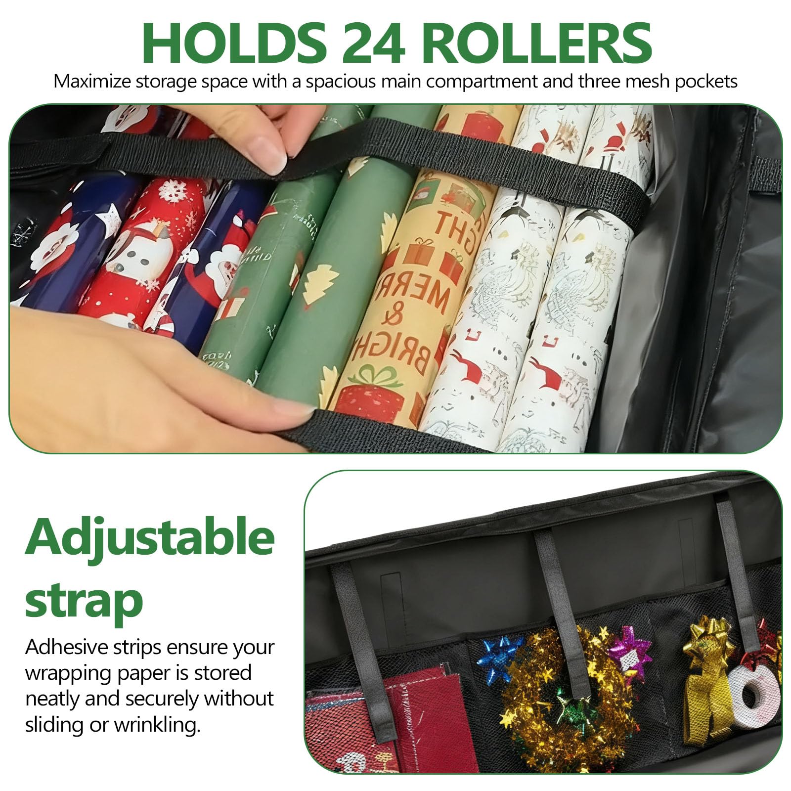 Organizer Carta Regalo in Tessuto Oxford 600D,Borsa per Carta Regali Rotolo con Cerniera e Manici 82 x 12 x 34 cm,Custodia per Pacchetti Regalo con Scomparti per Rotoli e Nastri