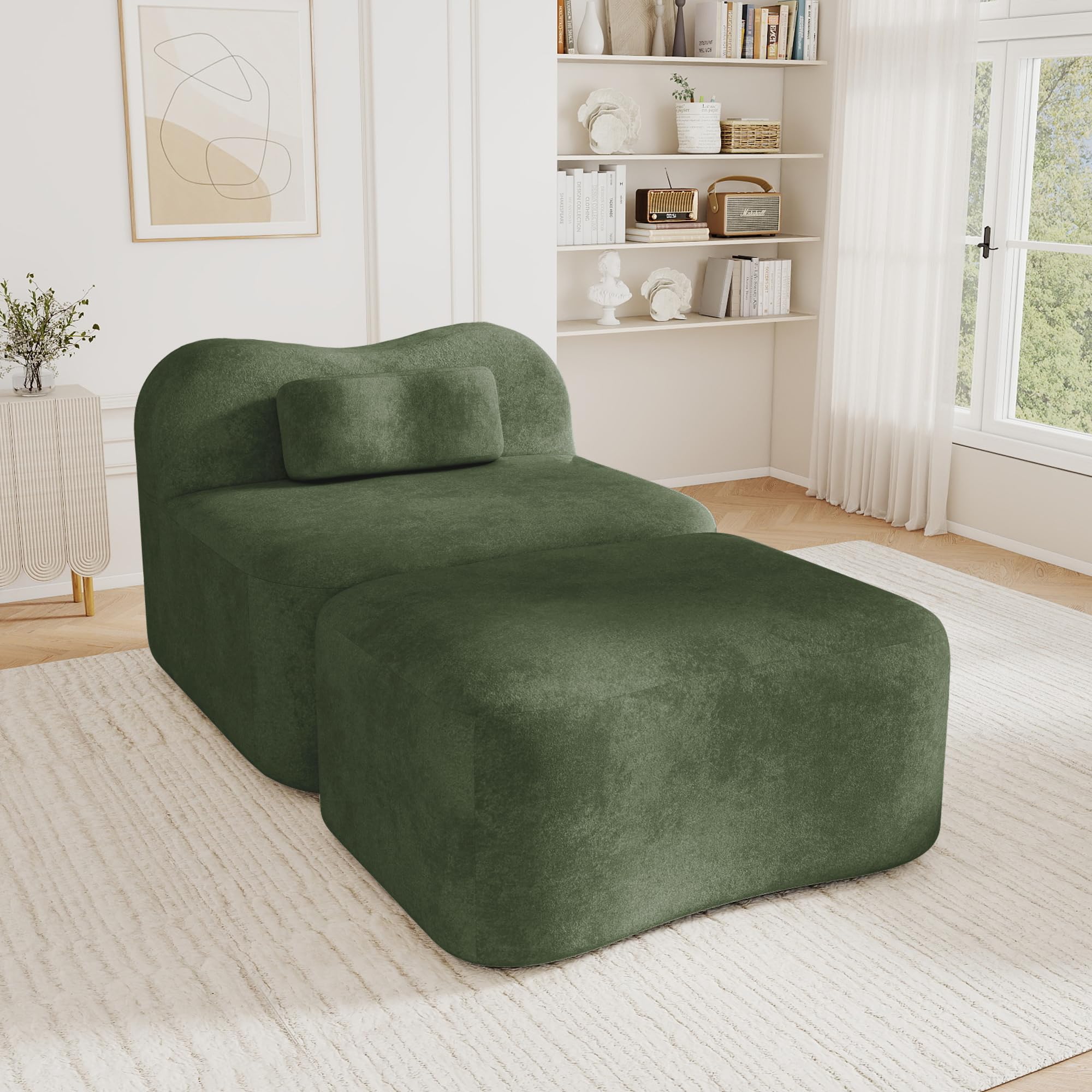 Divano con ottomano, verde, modulare singolo, senza cornice, design ondulato, imbottitura in schiuma 32D ad alta densità, cuscino per lo schienale mobile, tessuto morbido, per soggiorno e