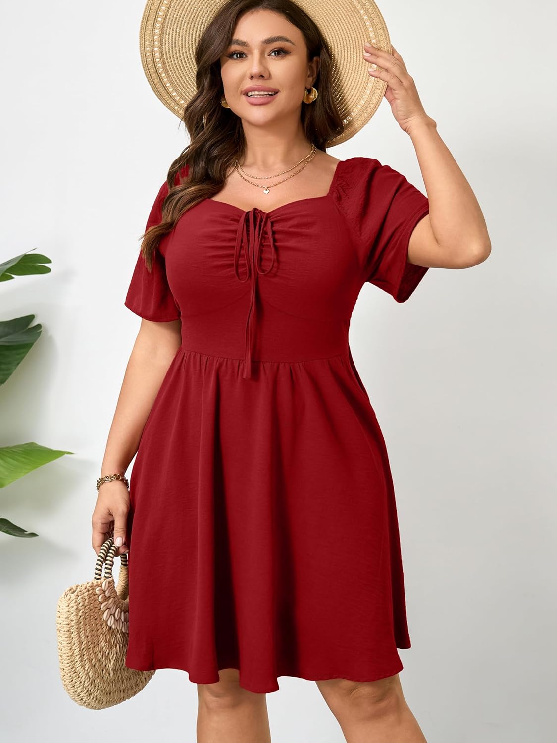 RWJ Women Plus Size Summer Dress Short Sleeve Tie Front Sweetheart Neck Casual Mini Wedding Guest Dresses 2025 - Image 4