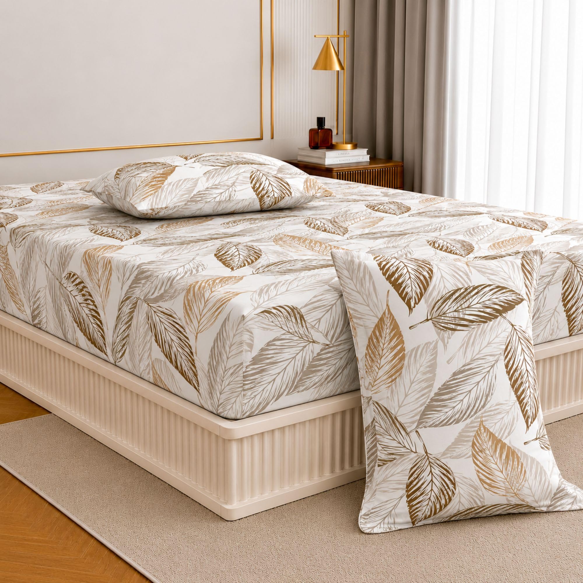 Jaipur Weaves Queen Size Fitted Bedsheet Cotton with Elastic, 100% Pure Cotton Double Bed Fitted Sheet with 2 Pillow Covers, 240 TC, 60×78 Inches up to 8-inch Mattress, Leafy Design – (Cocoa Brown)