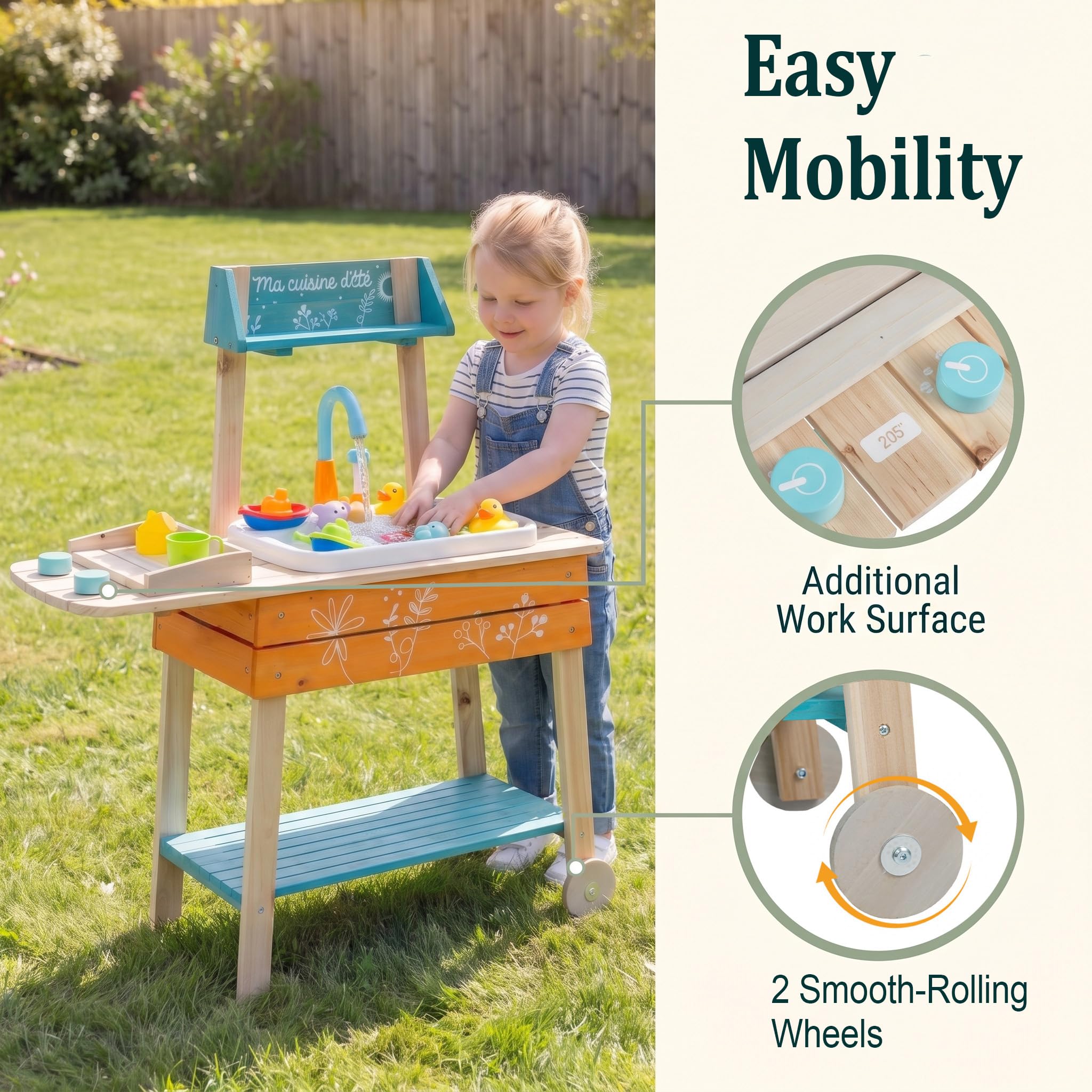 HOMASIS Cucina da Esterno Barbecue per Bambini, Cucina Giocattolo Realistica in Legno con Lavandino, Griglia, Manopole Rotanti, Scaffale Inferiore e 2 Ruote per Bambini 3+ Anni, 77 x 33 x 90 cm