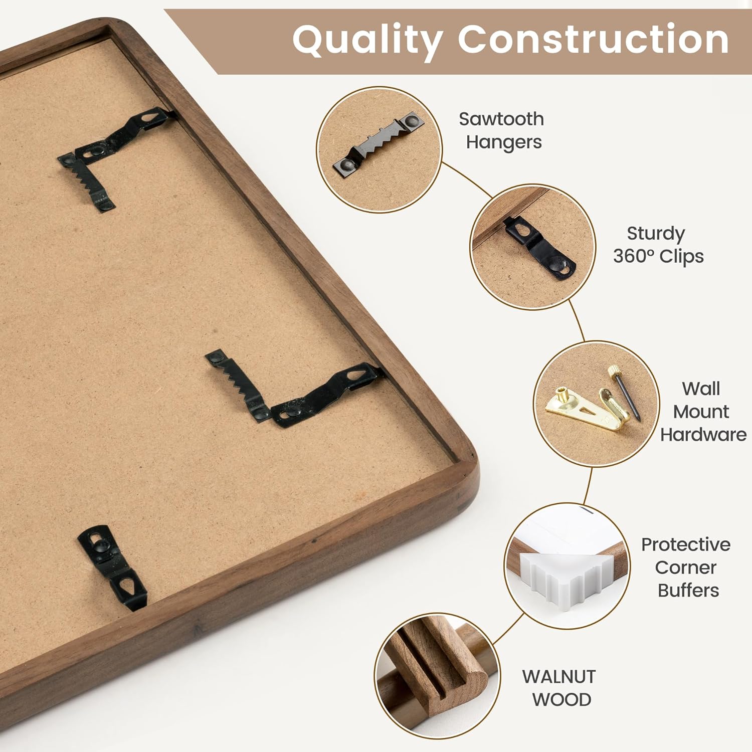 11x14 Picture Frame, Natural Solid Walnut Wood Photo Collage Frame with HD Tempered Glass, Rounded Corner Wooden Frame 11 x 14 Matted to 6x8, Gallery Wall Frames for Art, Wall or Tabletop Display