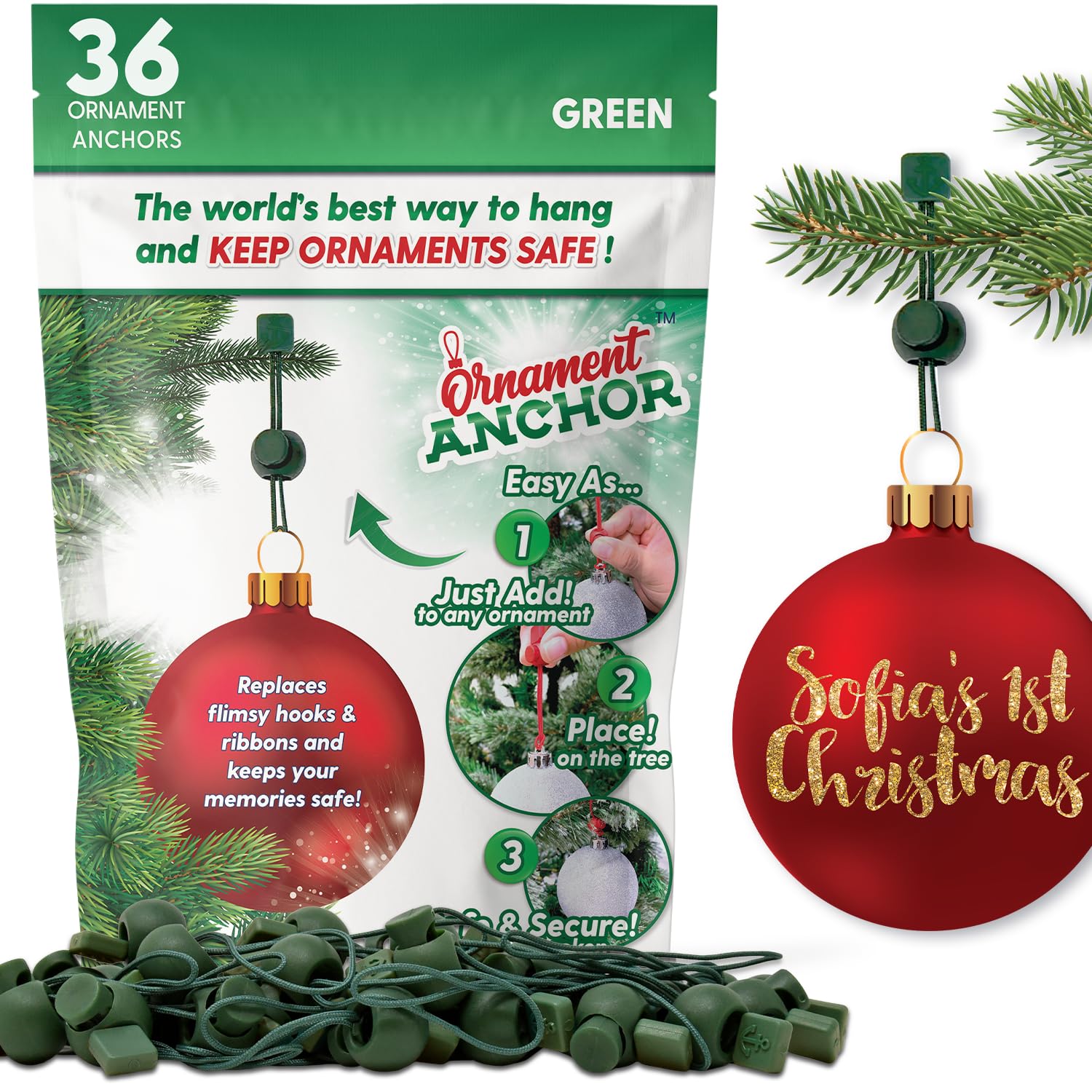 ORNAMENT ANCHOR Ornament Hooks for Hanging Christmas Decorations - No-Slip Hanging Hooks for Xmas - Heavy Duty Christmas Tree Ornaments Hanger Hooks for Small & Large Ornaments (Green, 36 Count)