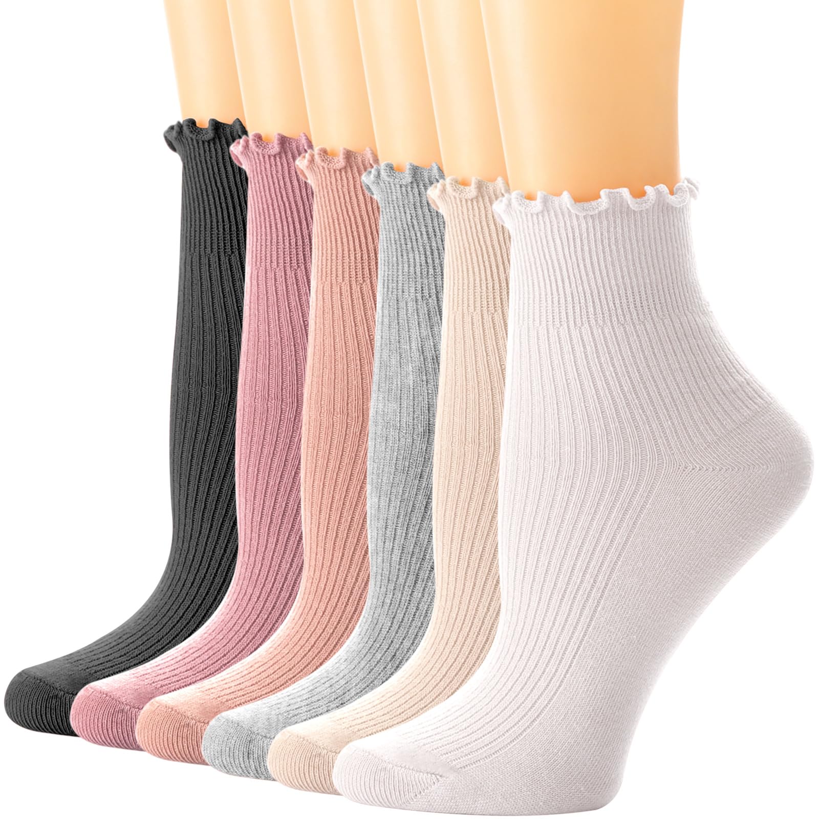 DRESHOW Women Ruffle Frilly Socks Casual Ankle Socks Breathable Cotton Crew Knit Socks for Women 6 Pack