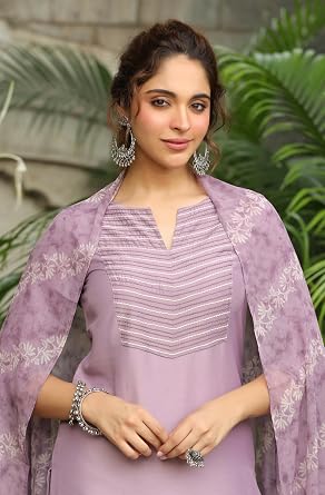Janasya Indian Women Lavender Embroidered Kurta Kurti Top Tunic Festive Evening wear Kurta with Bottom and Dupatta for Women