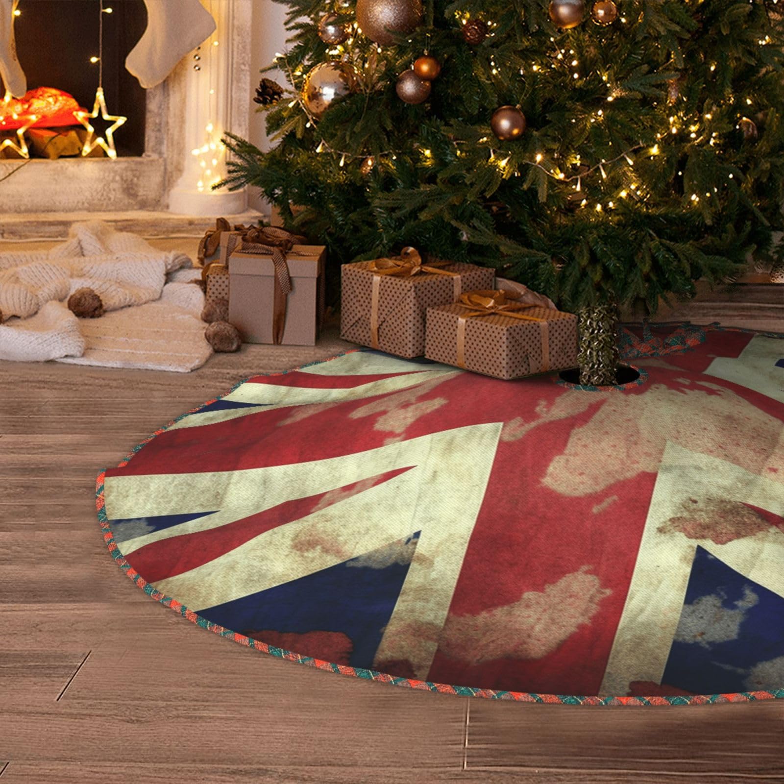 Vintage Union Jack British Flag Christmas Tree Skirt 36" Artificial Tree Mat Cover Merry Christmas Burlap Xmas Tree Skirt for Christmas Decoration Holiday Indoor Outdoor Winter Party Decor