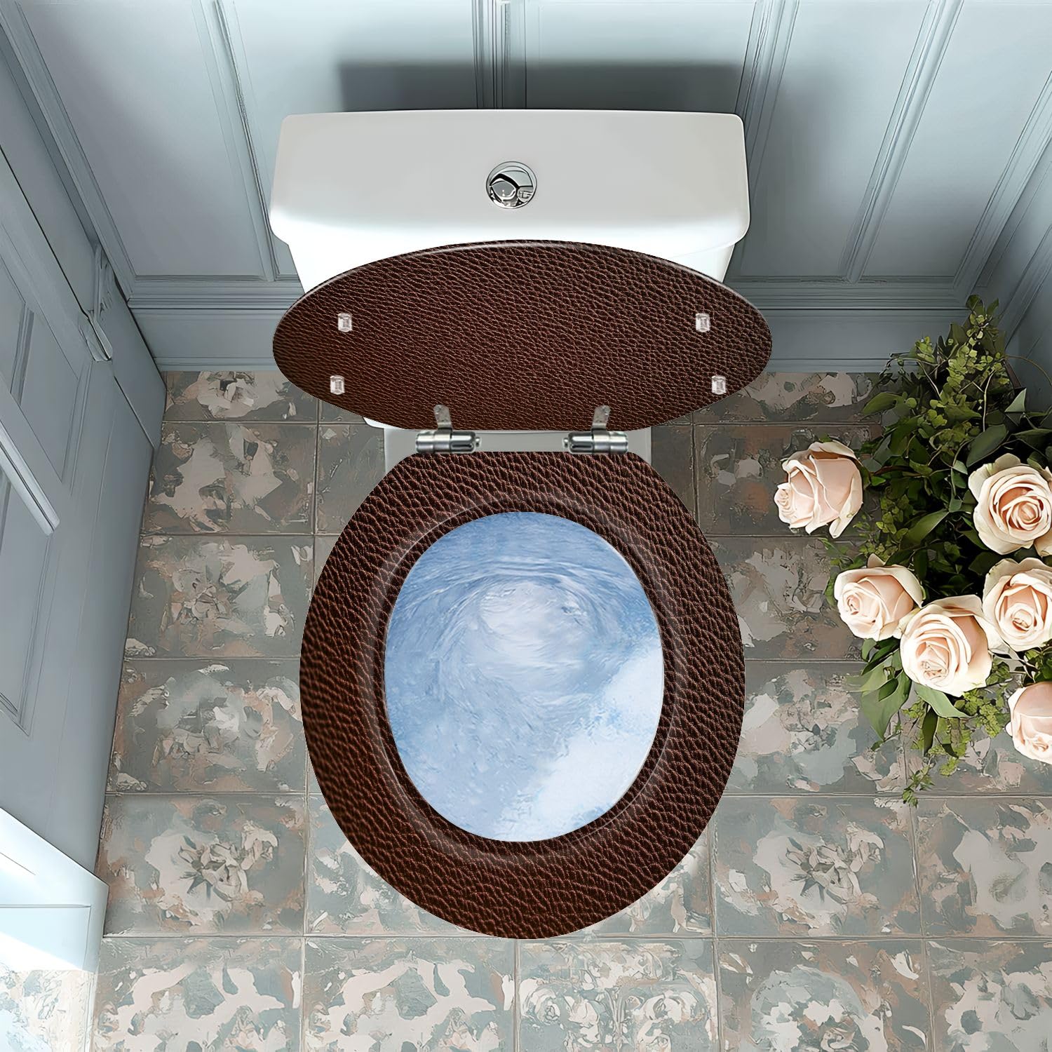 Asiento de inodoro redondo marrón, bisagras de liberación rápida, para baño.