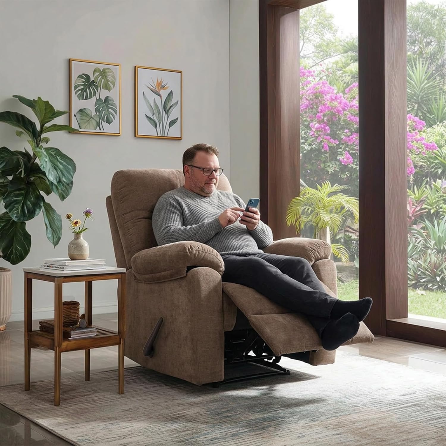 Manual Oversized Recliner Overstuffed Chairs Large Recliner High Weight Capacity Big and Tall Man Recliner for Heavy Duty 400lbs Adults for Living Room, Bedroom, Nursery, RV Brown