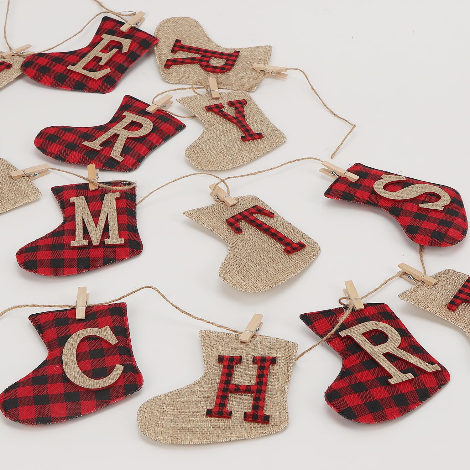 OWill Merry Christmas Banners Indoor Sock Shaped, Burlap Banners Hanging Decorations for Christmas Party Wall Door Fireplace and Tree - Image 3