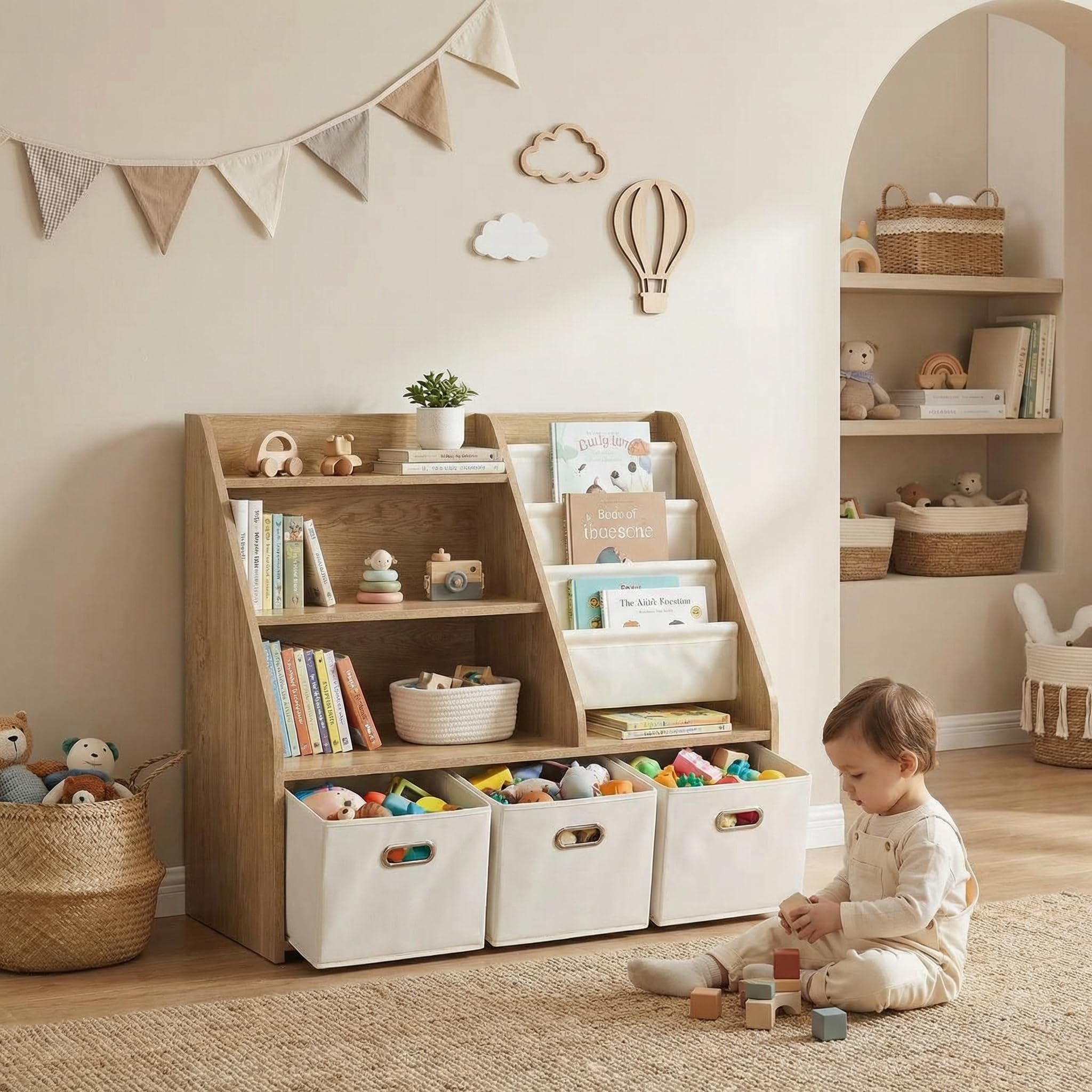 Bibliothèque pour Enfants avec Rangement - Étagère à Jouets Montessori à 4 Niveaux en Bois avec 3 tiroirs et 4 boîtes en Tissu - Organisateur pour Chambre d'enfant et Salle de Jeux