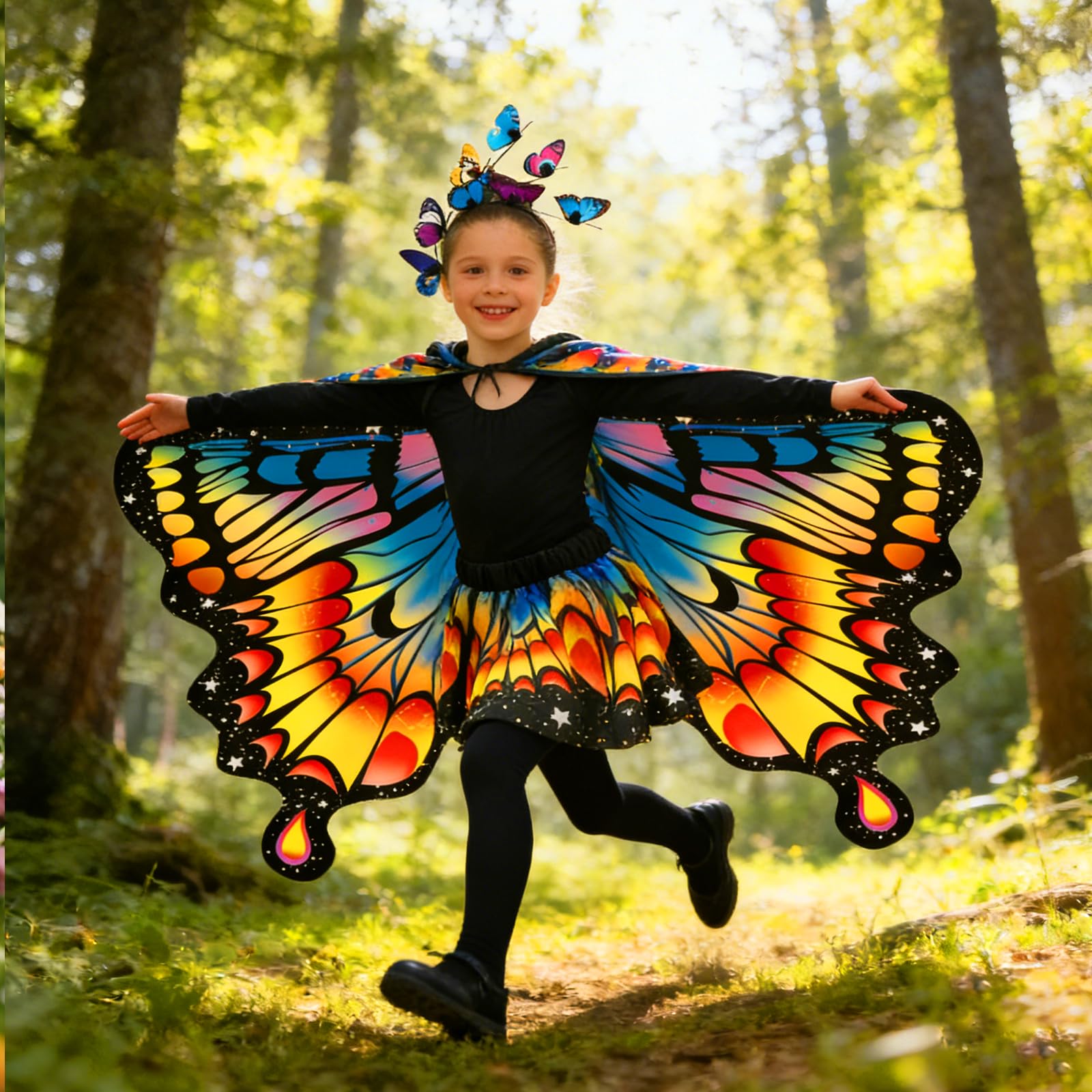 Deguisement Papillon pour Fille Déguisement Ailes de Papillon pour Enfant Deguisement Fille Cape Double pour Halloween Carnaval Cosplay Mascarade