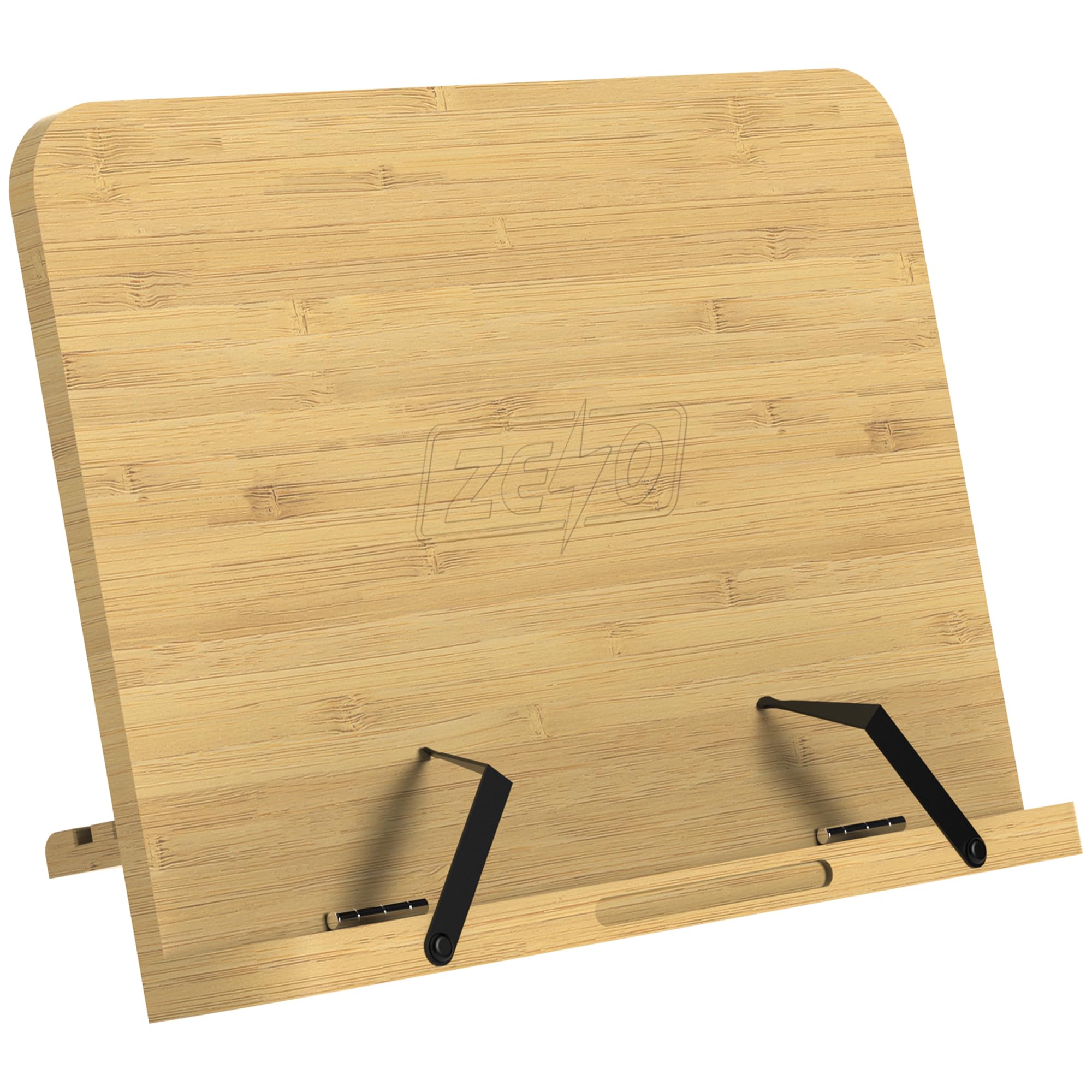 ZENO Book Stand | Recipe Cookbook Stand for Kitchen | Reading Holder With 2 Metal Page Holders | Foldable & Adjustable Bamboo Stand