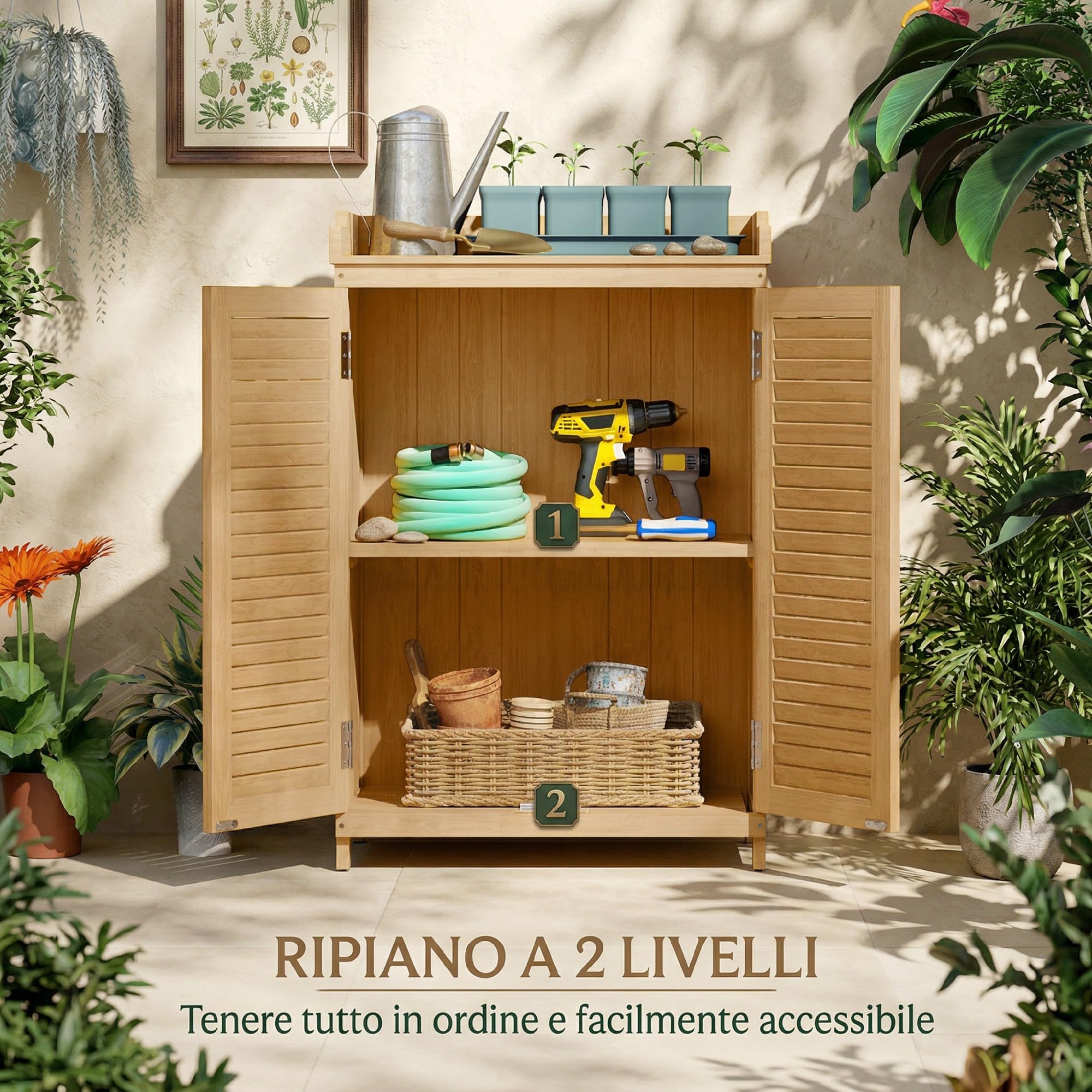 Outsunny Armadio da Giardino in Legno di Abete con Piano di Lavoro Zincato, Casetta Attrezzi Giardino con Ripiano Interno e Due Ante a Persiana, per Terrazza Patio, 65.5x40x98.5 cm, Giallo