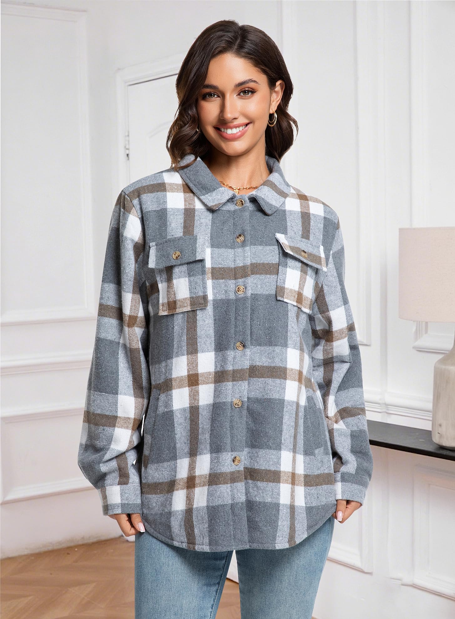 Elesuit Damen Sherpa Gefüttert Flanell Hemdjacke Plaid Button Down Jacke Mantel für Frauen mit Tasche