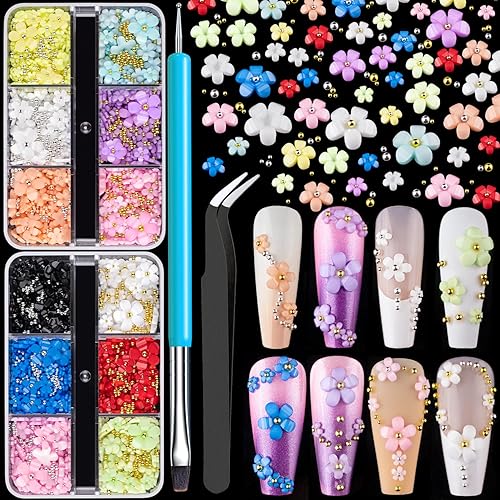 Juego de flores 3D para uñas, adornos coloridos #6 con cuentas de caviar, kit de cristales de diamantes de imitación de flores, perlas, tachuelas