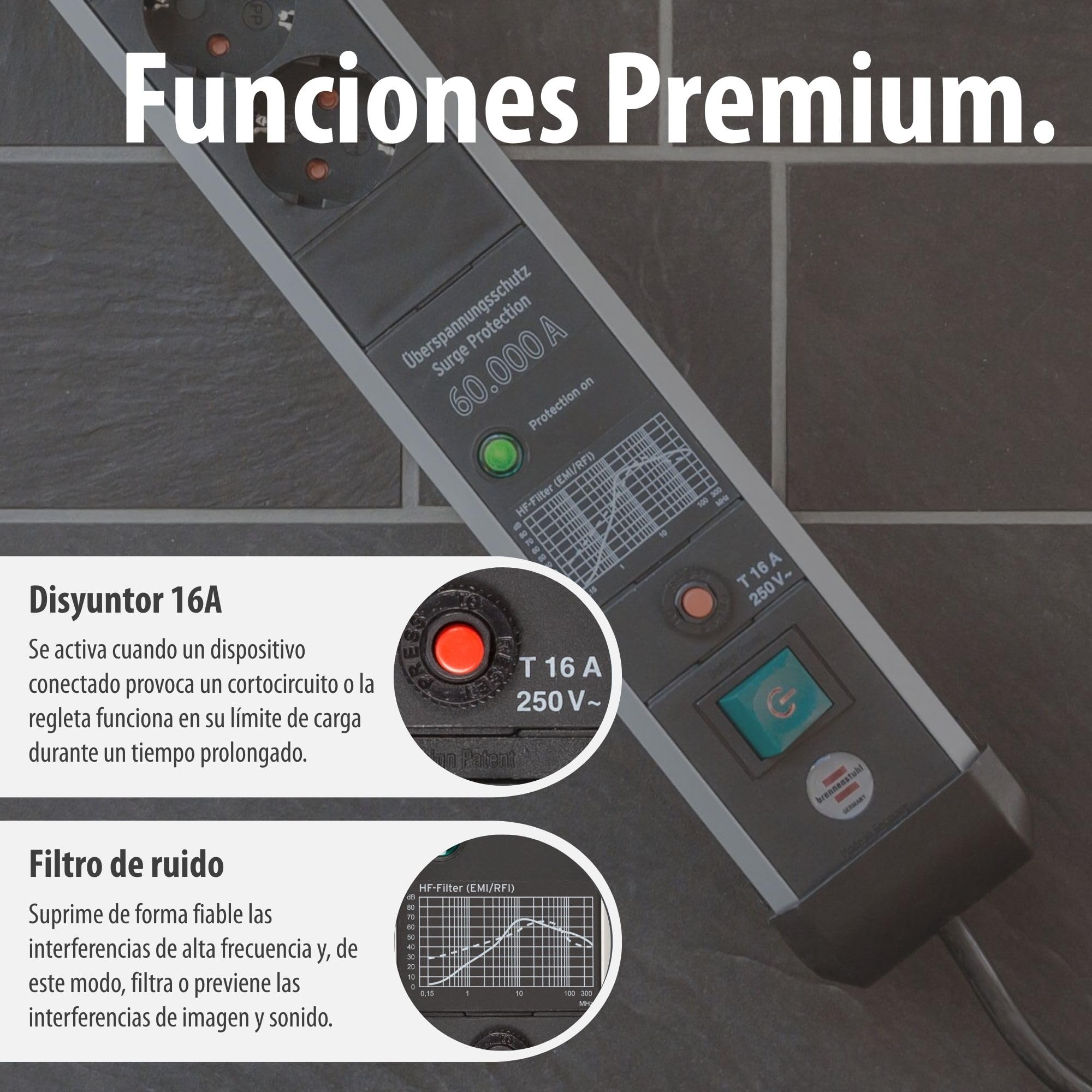 Brennenstuhl Premium-Protect-Line regleta enchufes de 6 Tomas con protección contra sobretensiones de 60.000 A (Cable de 3 m, Interruptor, protección antirayos, Fabricado en Alemania) Plateado/Negro