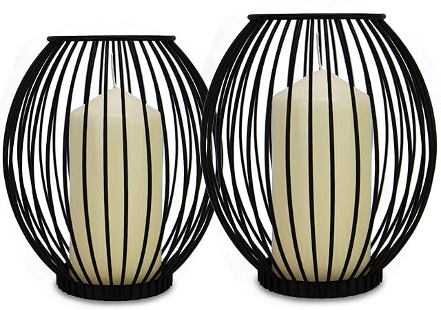 Cage Candle Holders - Set of 2 | Small & Large Pillar Candle Lanterns | Birdcage Holder for Candles | Black Iron Home Candlestick Decor | M&W