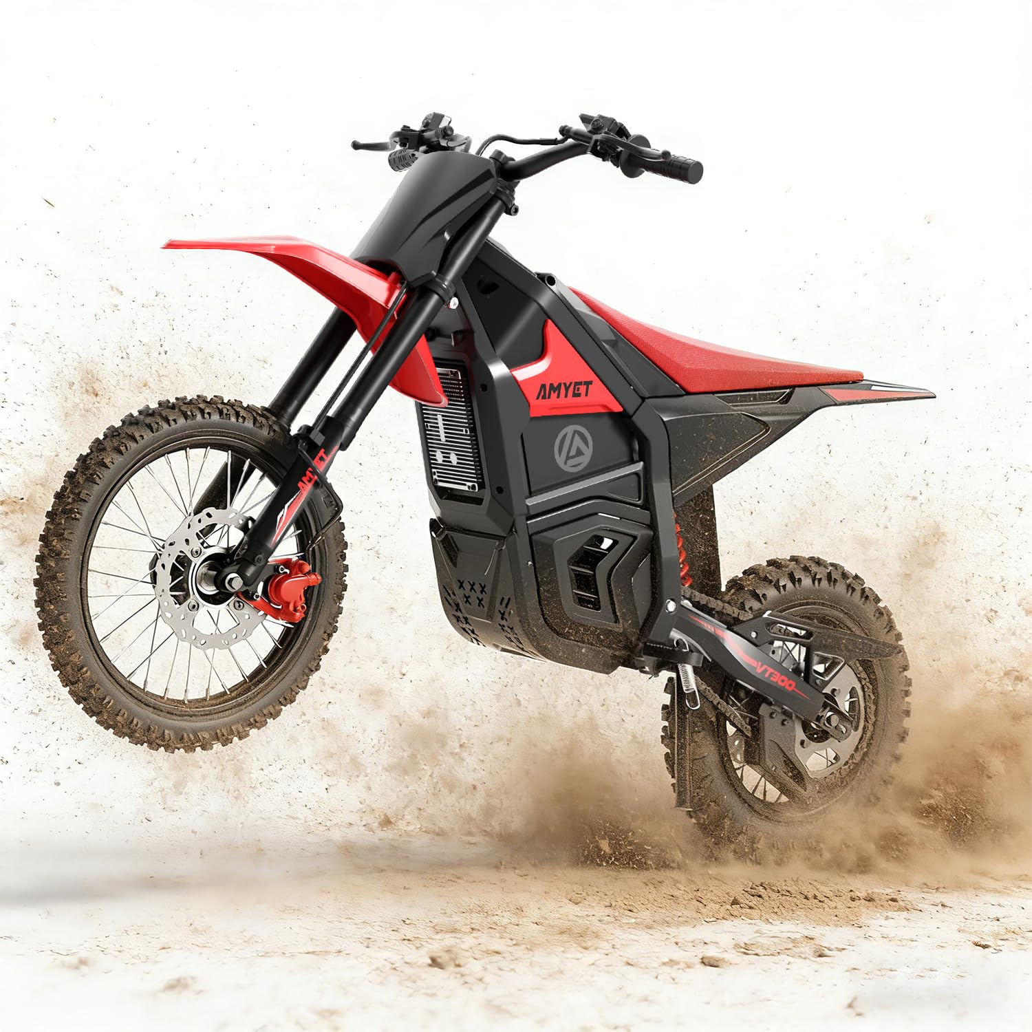 AMYET VT300 Electric Dirt Bike in red, ridden by a person on a dirt track.