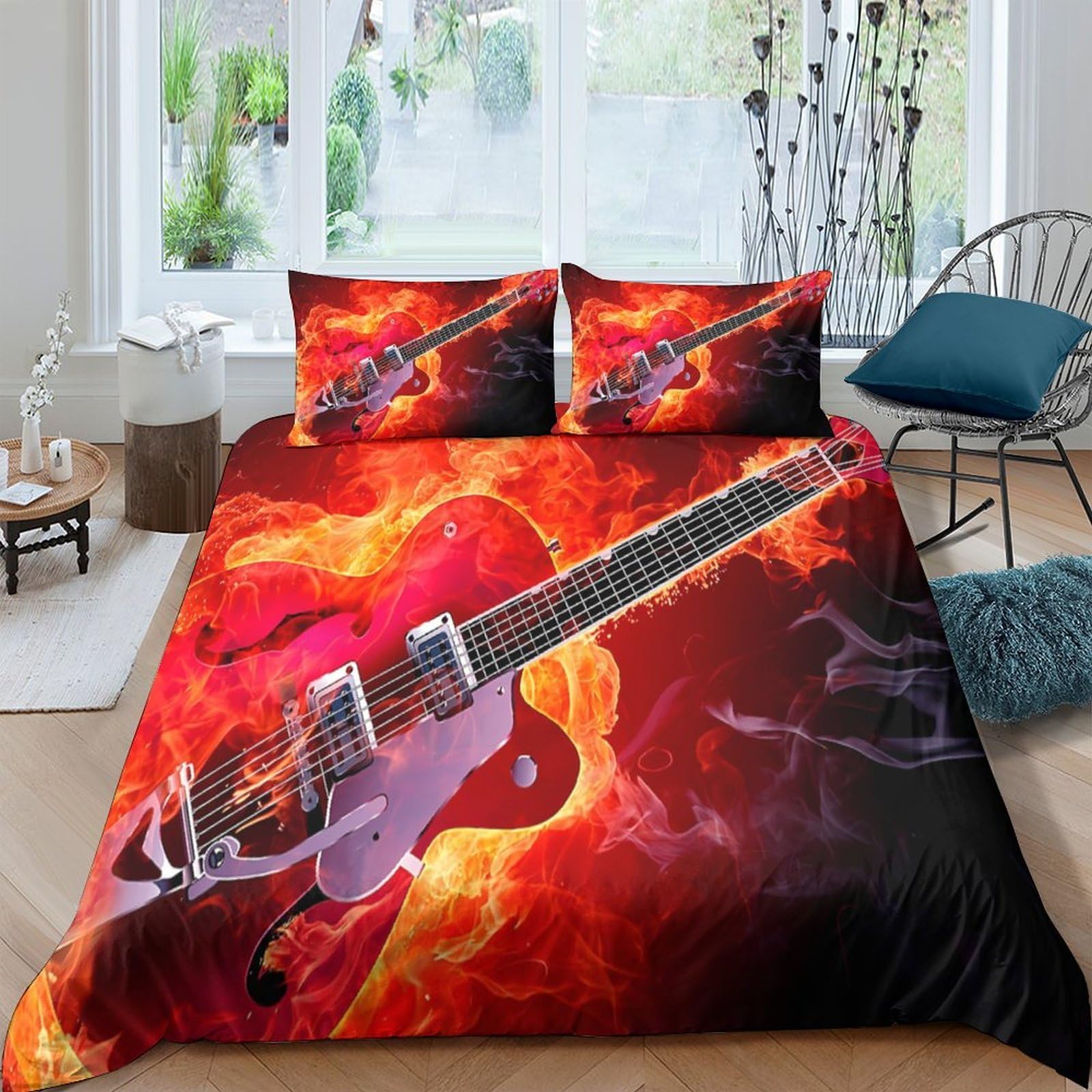 GPLZQXKJNH 3D Printed Fiery Guitar Duvet Cover Microfiber Soft Breathable Smoke Flame Bedding Set with 2 Pillowcases for Bedroom Decor Single（135x200cm）