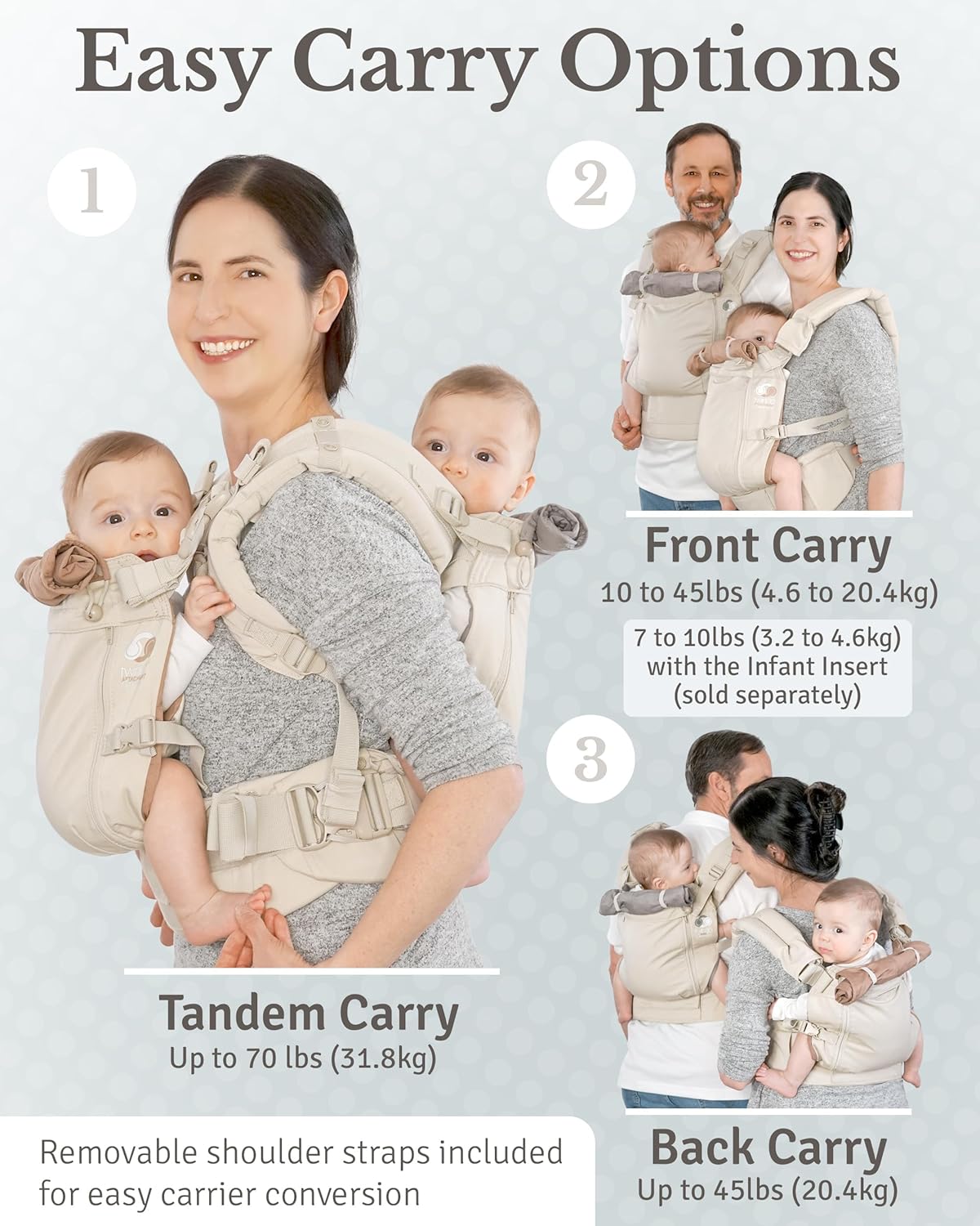 TwinGo Carrier - Breathable Twin Baby Carrier that Separates into 2 Baby Carriers, Adjustable Twin Carriers for Babies and Toddlers (10-45 lbs), Fits Adults XS-XXL - Air Model, Simply Neutral
