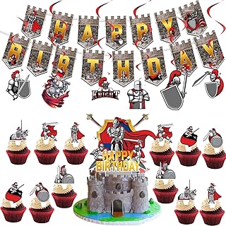 Décoration de fête d'anniversaire médiévale sur le thème des chevaliers pour enfants, comprend un anneau de train « Happy Birthday », une décoration de gâteau et une décoration à suspendre.