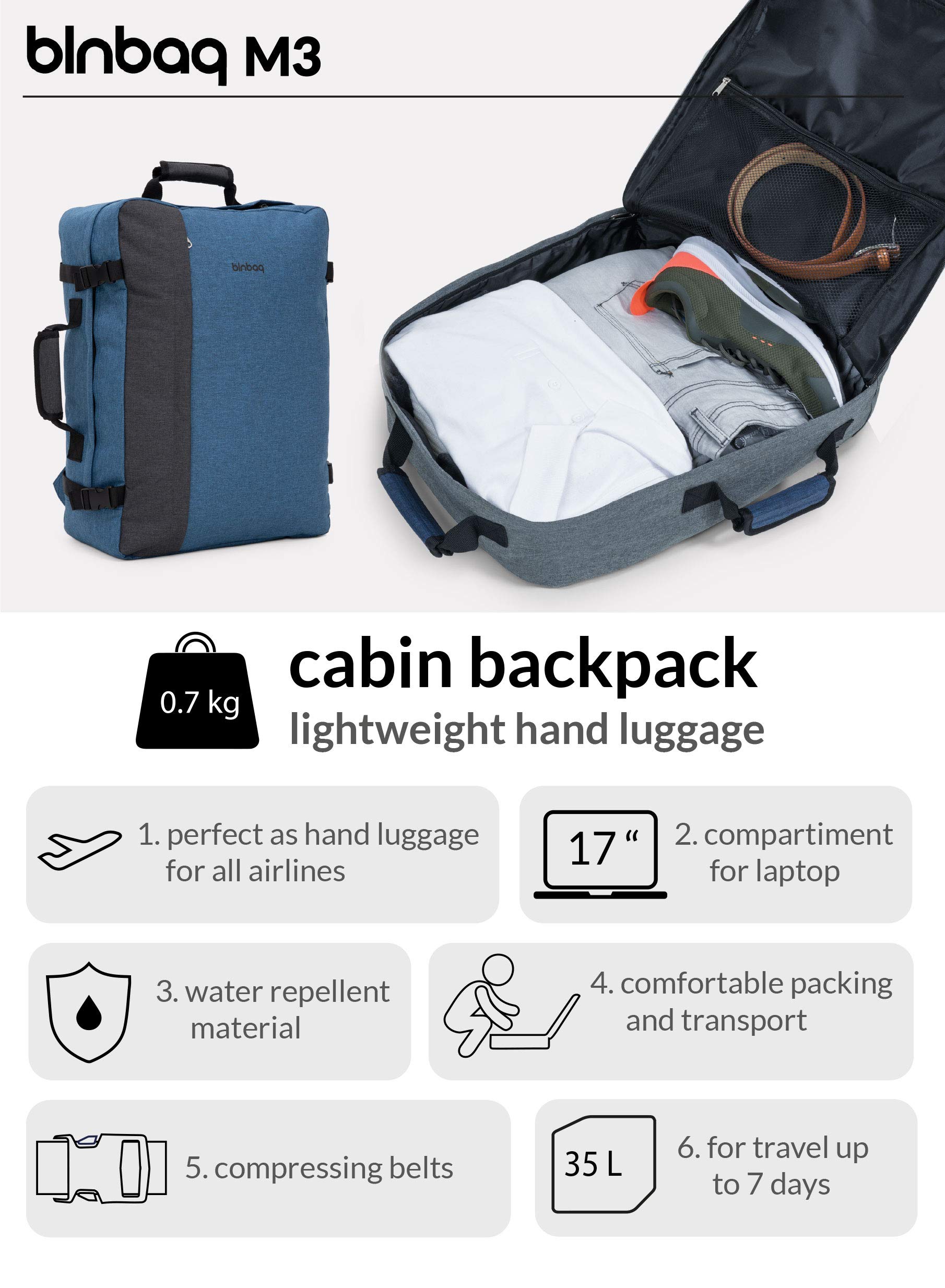 Blnbag M3 Plecak Kabinowy, Plecak na Bagaż Podręczny Easyjet, Plecak Podróżny z Przegrodą na Laptopa 17 Cali, Wygodne Opakowanie Jak Walizka, 35 Litrów