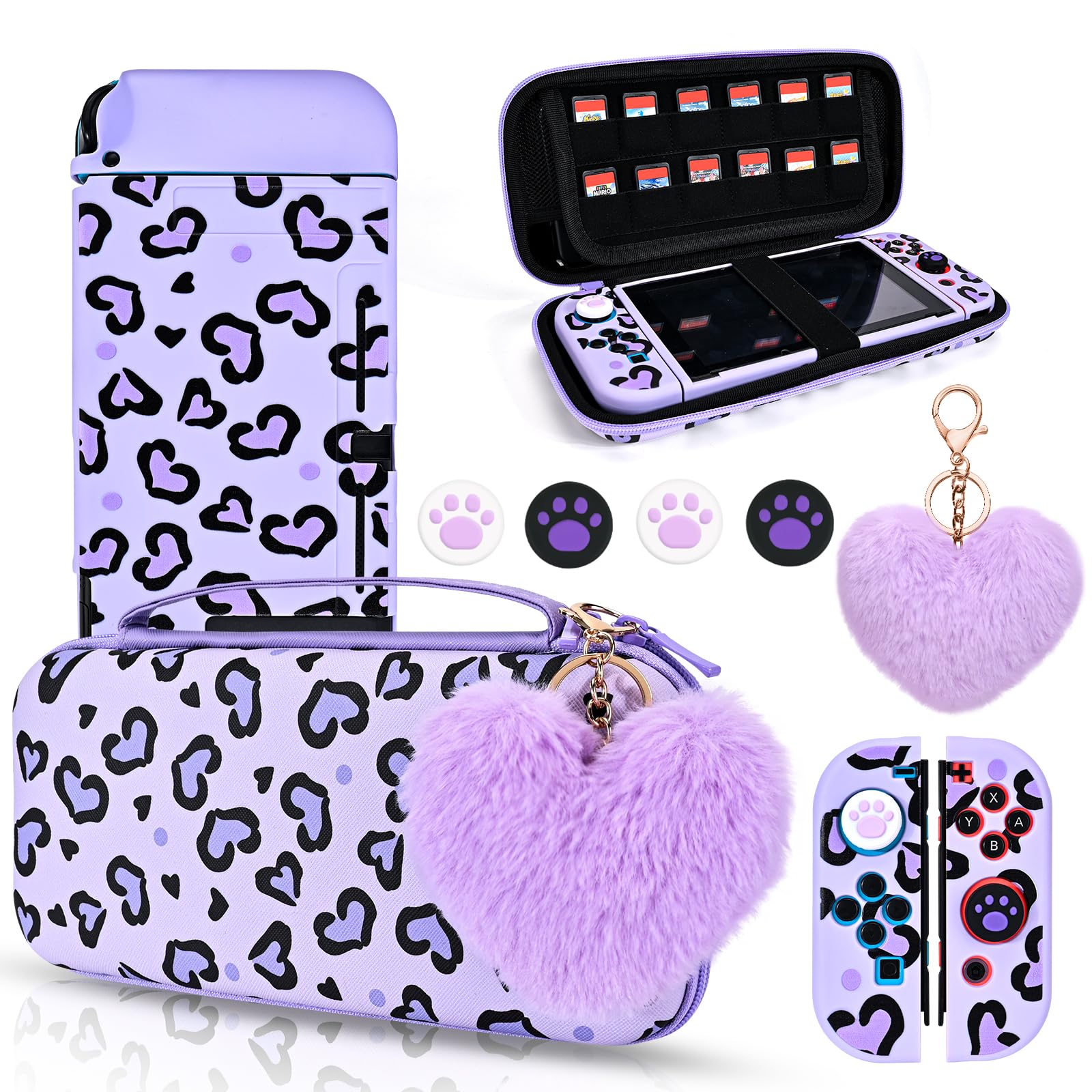 DLseego Étui de Transport pour Nintendo Switch, Housse de Transport et Coque Souple avec 4 Capuchons Joystick, 1 Breloque en Peluche en Forme de Cœur, Violet