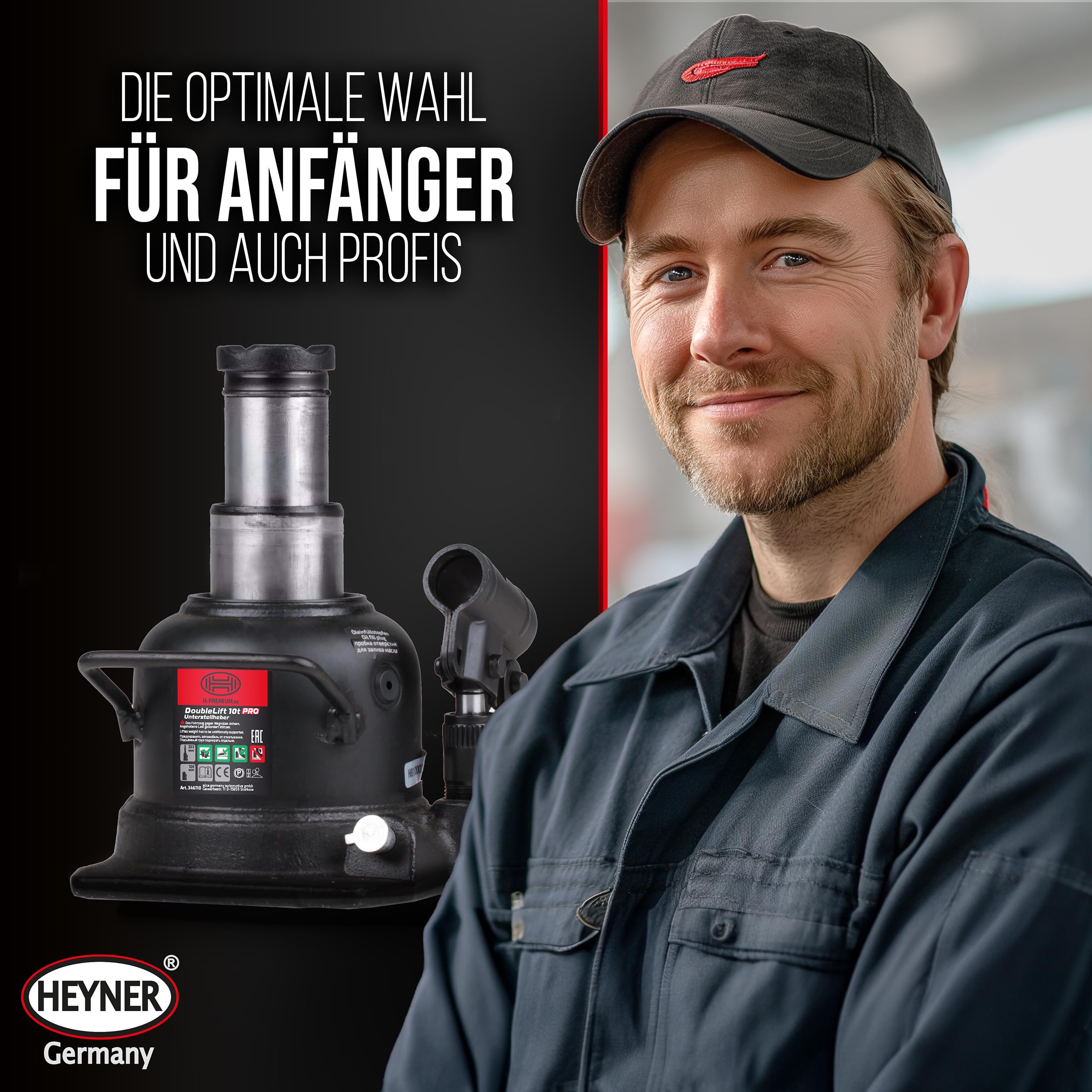 HEYNER® Wagenheber Doppelhub-Unterstellheber Flaschenwagenheber hydraulischer Stempelwagenheber 10t extra flach für SUV/PKW