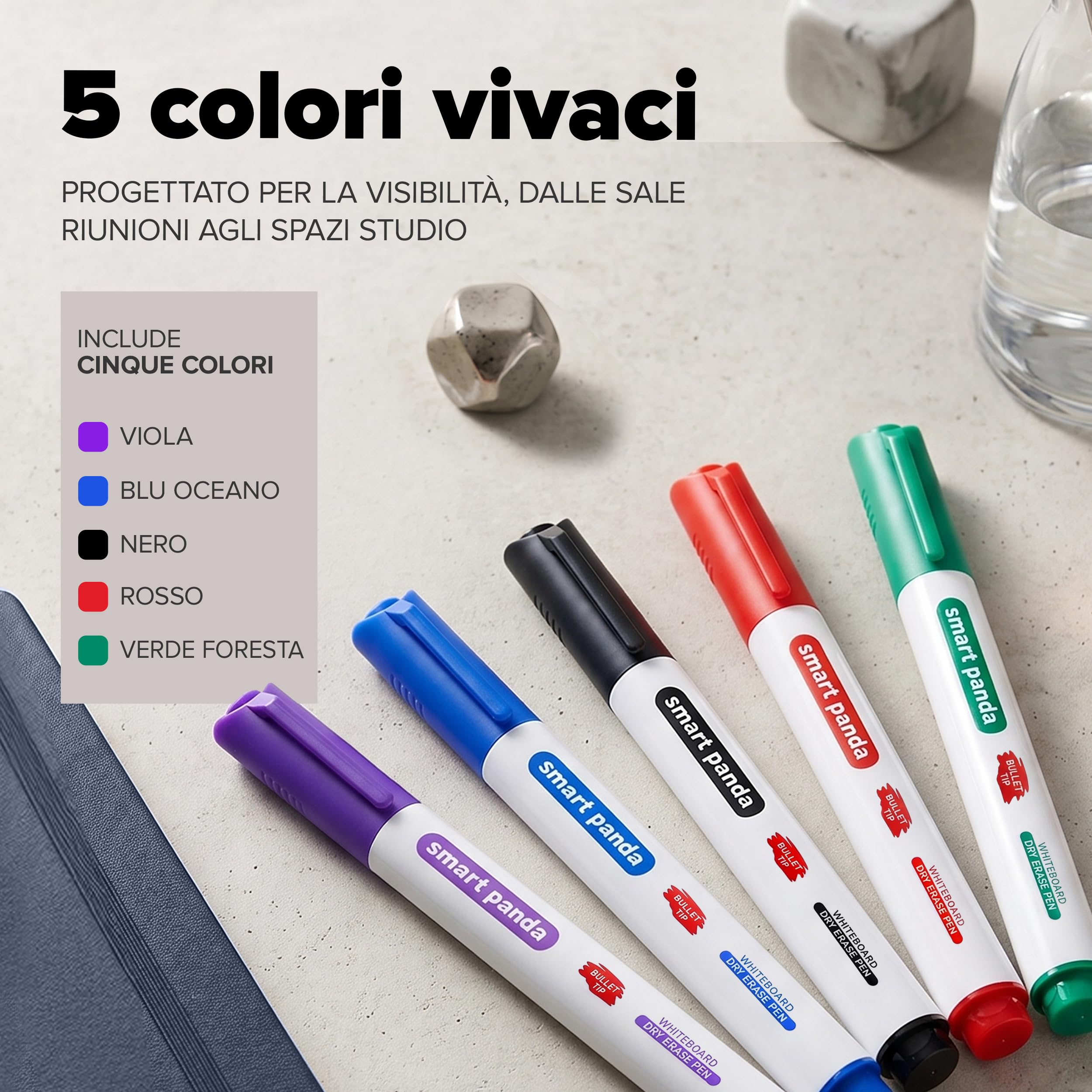 Smart Panda 5 Pennarelli per Lavagnette Cancellabili a Proiettile Subito Asciutti
