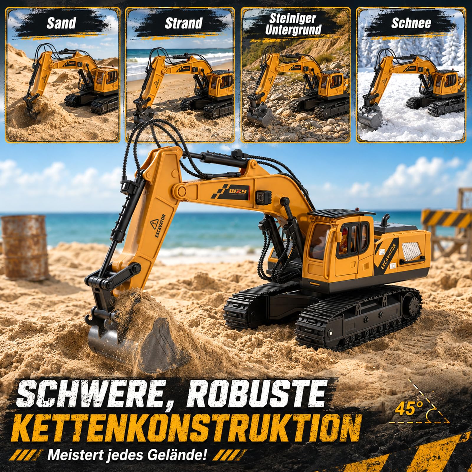 Ferngesteuertes Bagger Spielzeug mit Metall-Aufsätzen, 2,4 GHz Bagger RC Spielzeugautos mit Licht und Sound Bagger Extra Große Standgestützte Fernbedienung, Geschenk für Kinder ab 6-12 Jahren