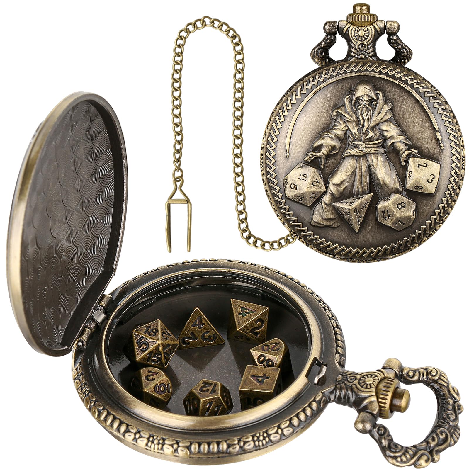 Mini DND Dice Set, Hand held Dice Wizard Pocket Watch Shell Case, 7 Piece Polyhedral Metal D&D Dice Set - Image 2