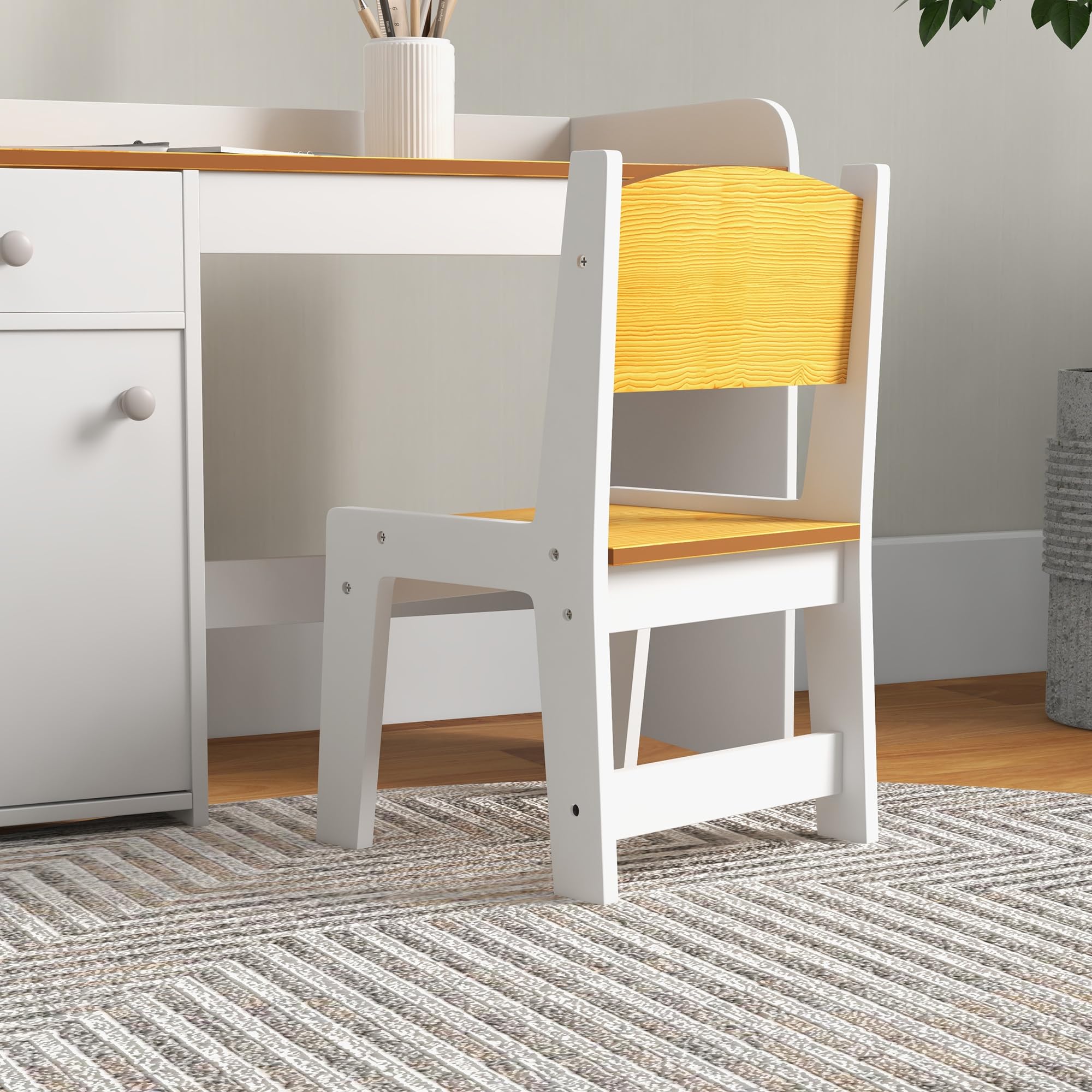 ZONEKIZ Tavolo Scrivania per Bambini con Sedia, Banco Scuola per Bambini da 3 a 6 Anni in Legno con Cassetto e Seggiola Abbinata, Bianco