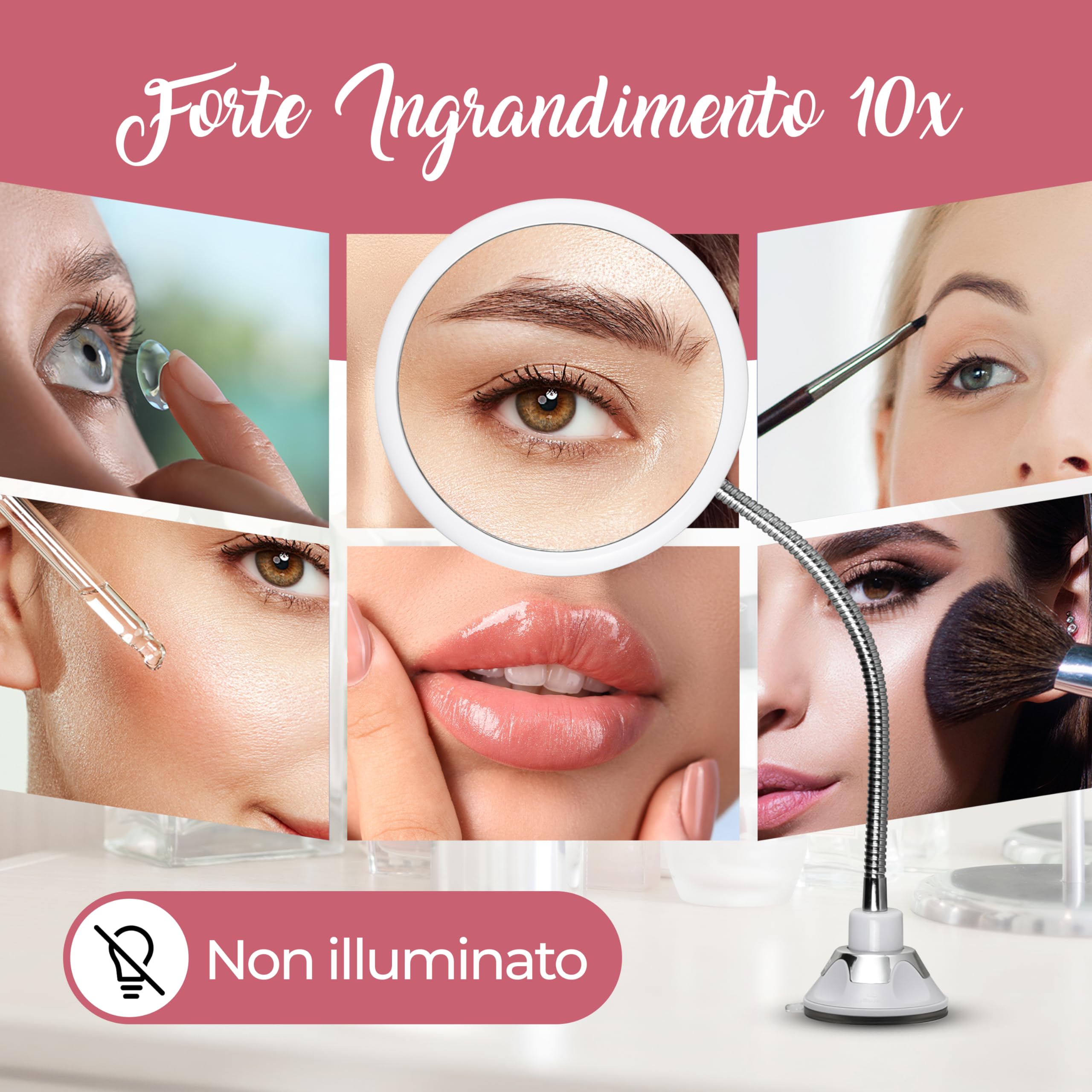 Mirrorvana Specchio ingranditore 10X con collo flessibile per trucco - specchio da tavolo con ventosa per bagno, toeletta e viaggio - Magnifying Makeup Mirror - 17cm x 17cm (Rotondo)