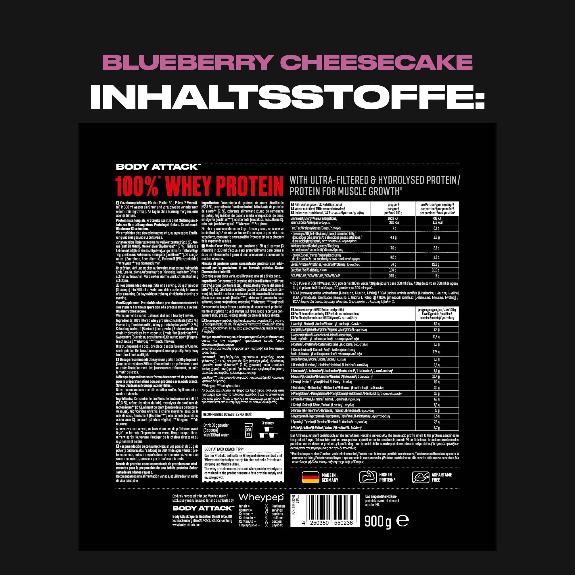 Body Attack 100% serwatkowe białko serwatkowe – 900 g – Made in Germany – bardzo kremowy proszek białkowy z hydrolizatem i BCAA's, wspomaga budowę mięśni i dietę – dla sportowców i sportowców