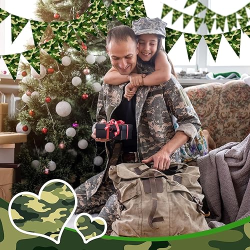 Miniatura 5 de Jecery 120 banderas de camuflaje de 100 pies para decoración de fiesta de camuflaje, bandera del ejército, banderines de papel de camuflaje,