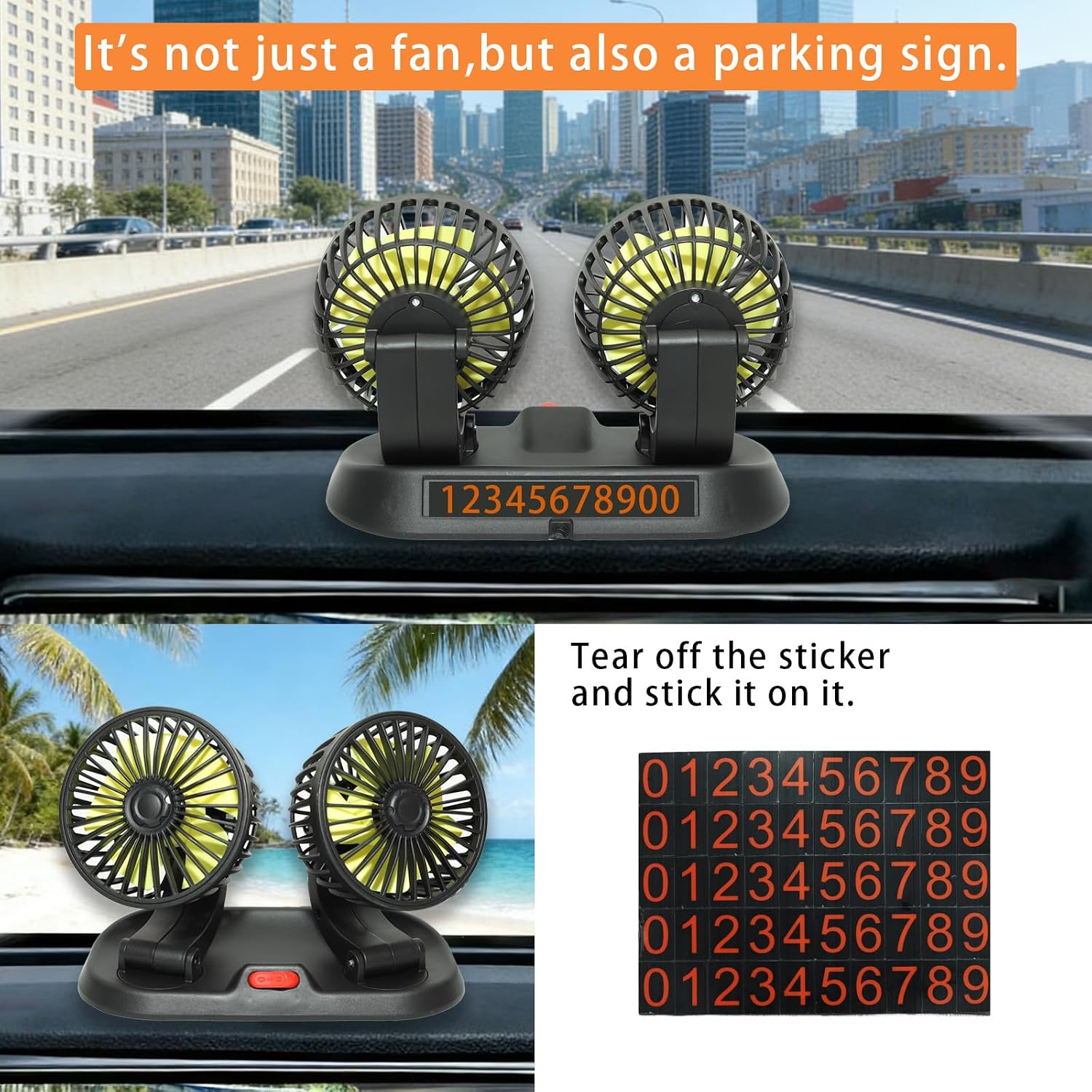 Dual Head Car Cooling Fan 12V-360°Rotation,2 Speeds,Dashboard Fans for Sedan/SUV/RV/Truck/Van Vehicles,Cigarette Lighter Plug (2-Head 12V)