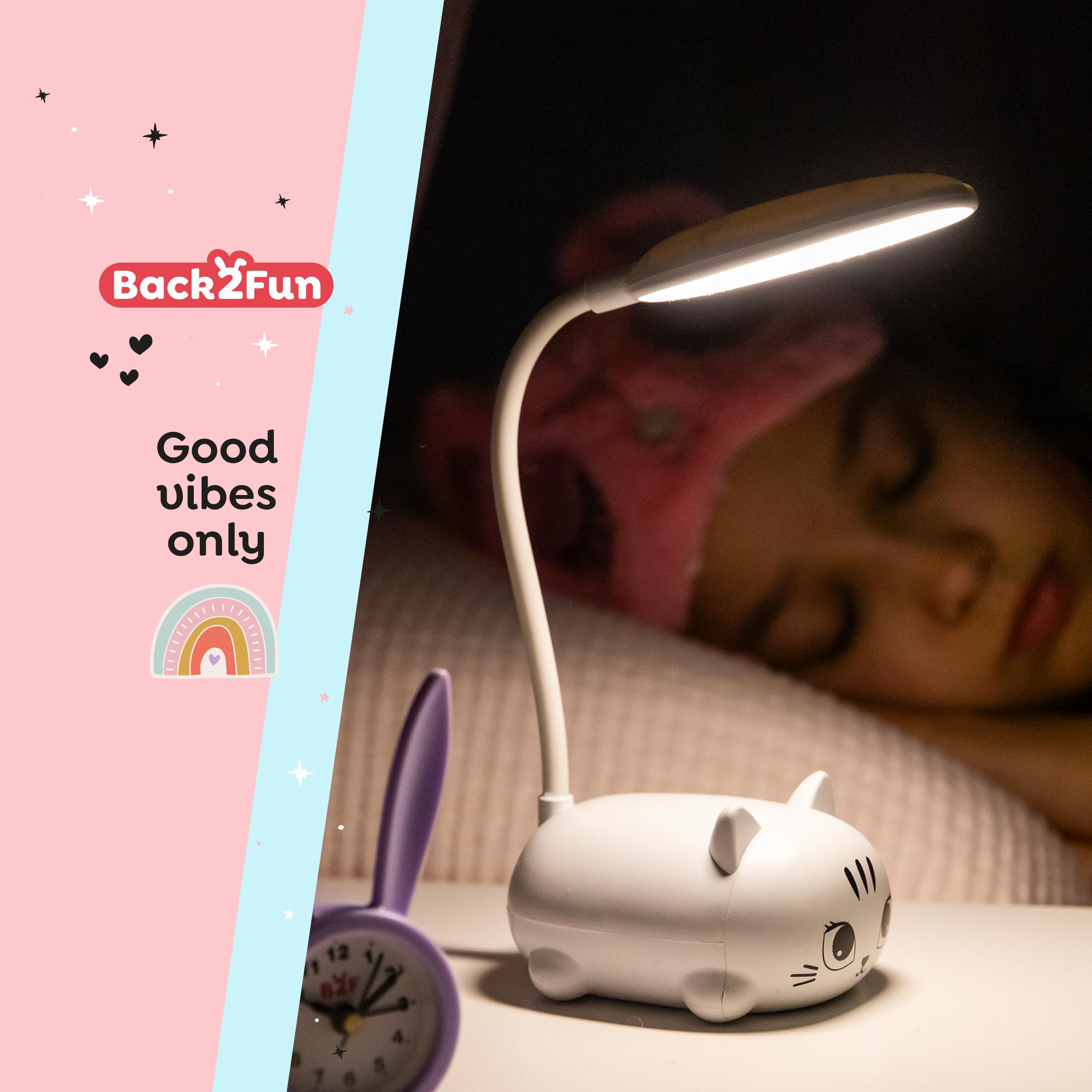 Back2Fun - Lámpara de escritorio infantil con forma de gatito, Luz LED cálida, Cuello flexible, Minilámpara portátil para niños recargable USB, Pensada como luz de noche o para estudiar